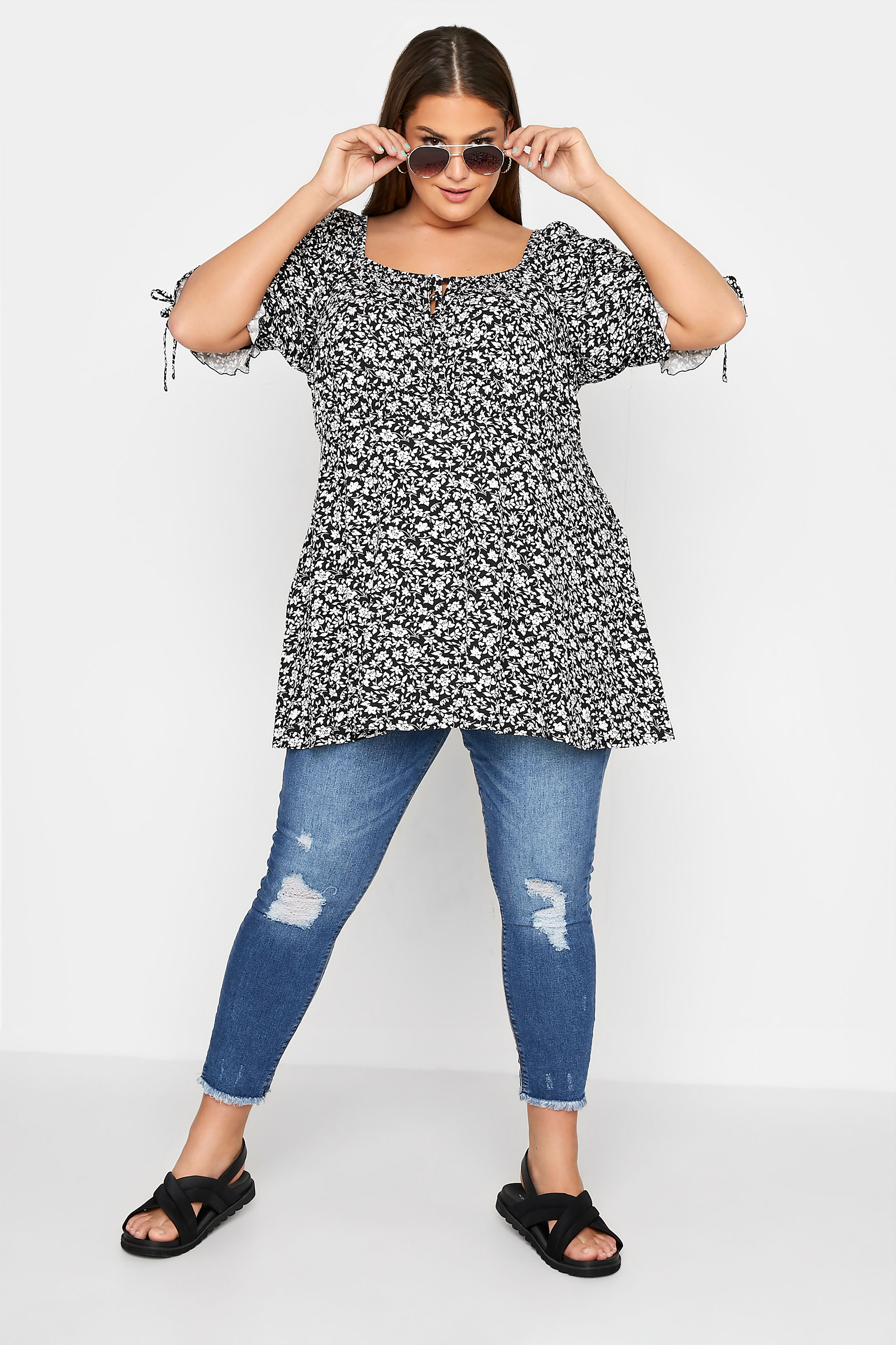 Grande taille  Tops Grande taille  Tops Jersey | LIMITED COLLECTION - Top Noir & Blanc Petites Fleurs Milkmaid - GG08746