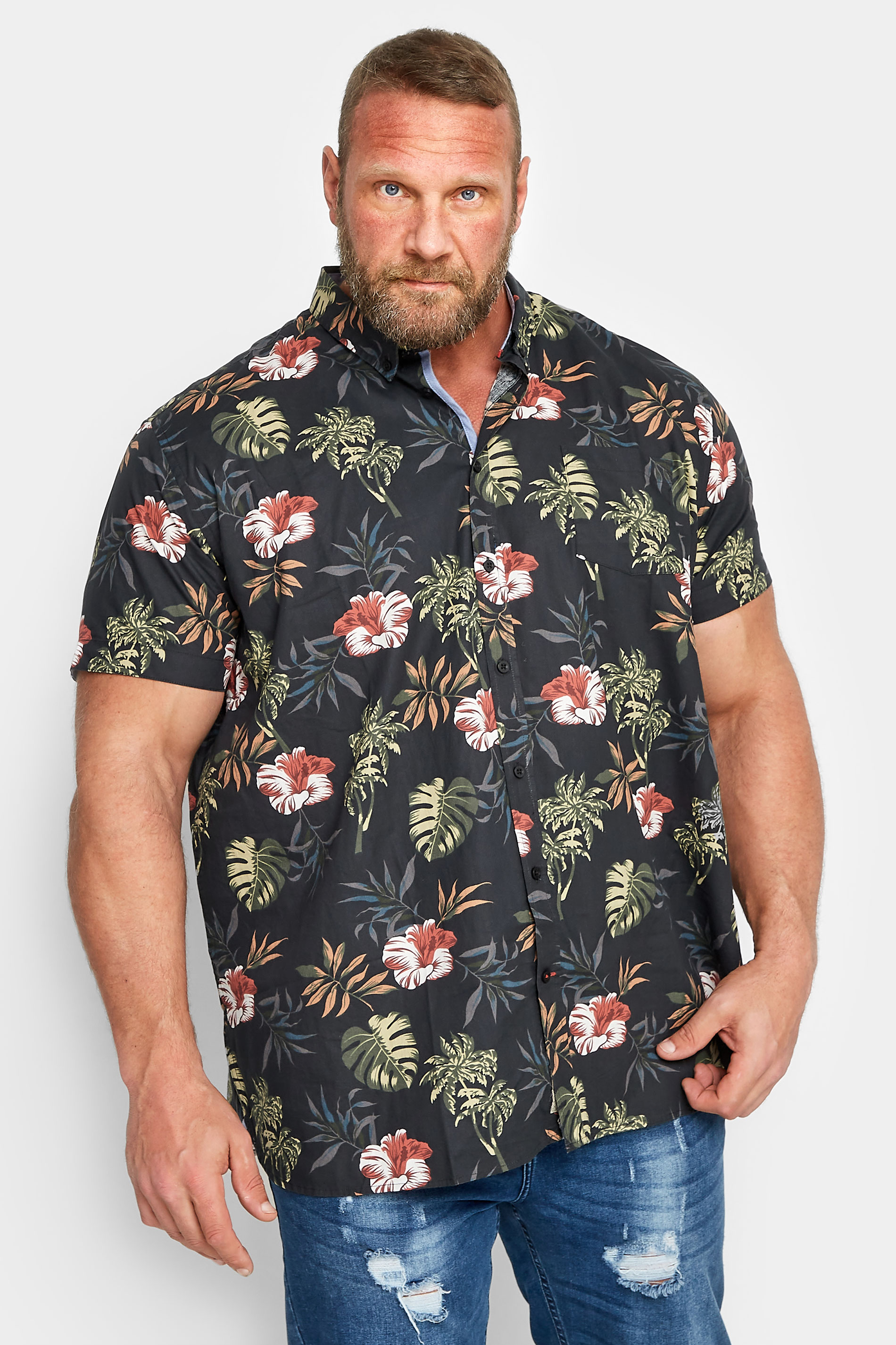 D555 Big & Tall Black Hawaiian Print Shirt | BadRhino 1