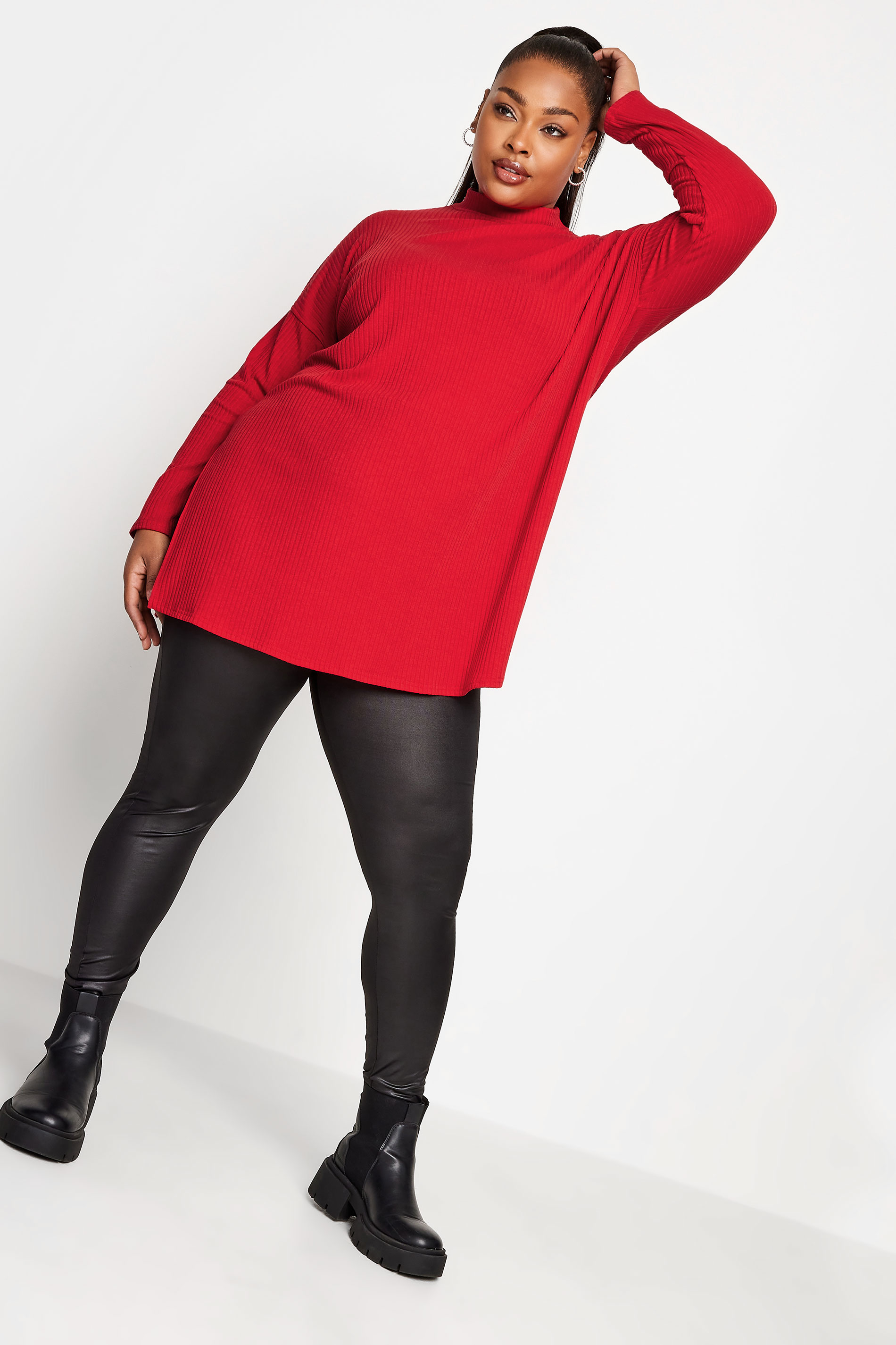 YOURS Plus Size Red Ribbed Turtle Neck Top | Yours Clothing 2