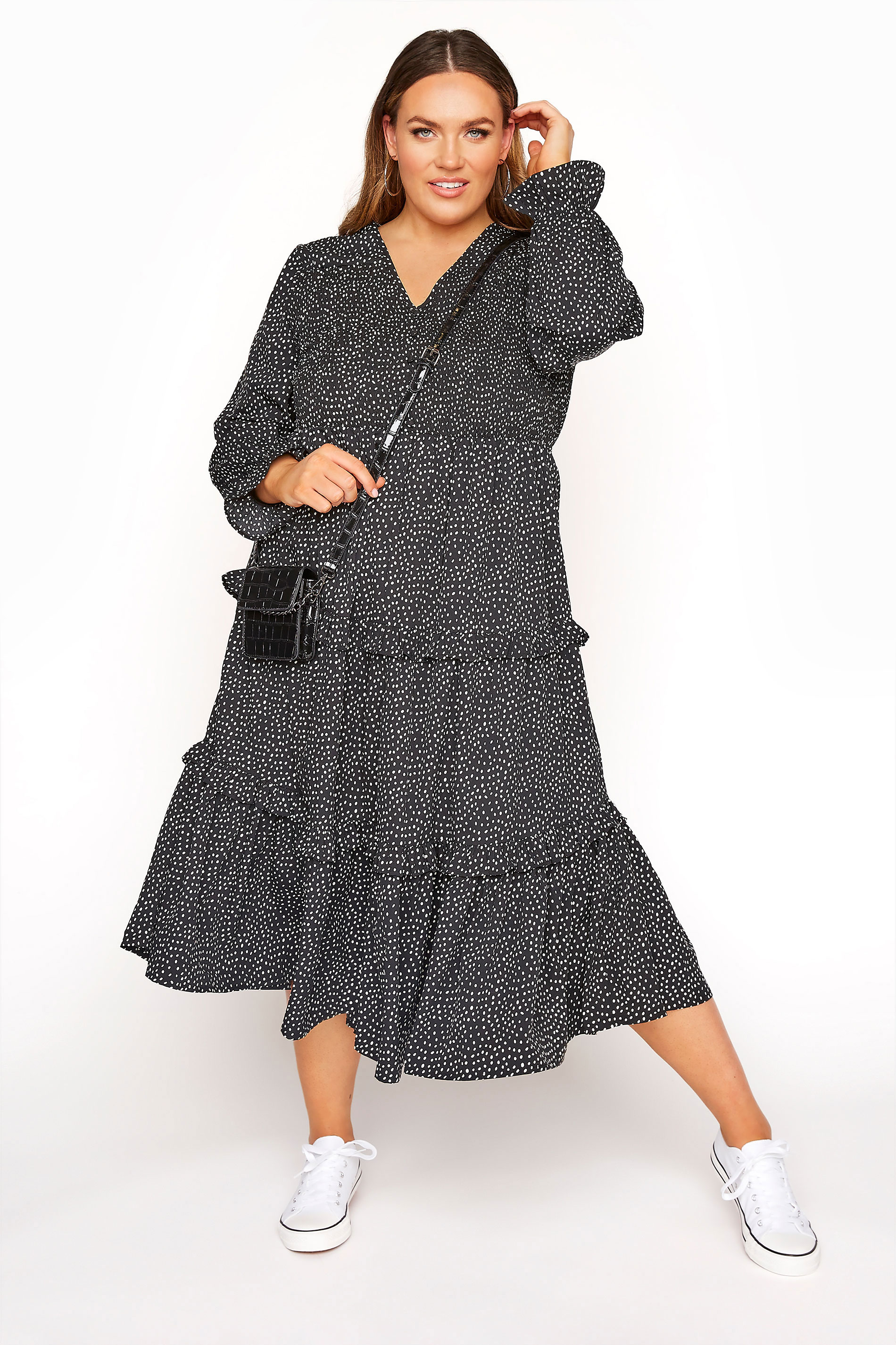 LIMITED COLLECTION Curve Black Dalmatian Shirred Tiered Frill Midi Dress 1