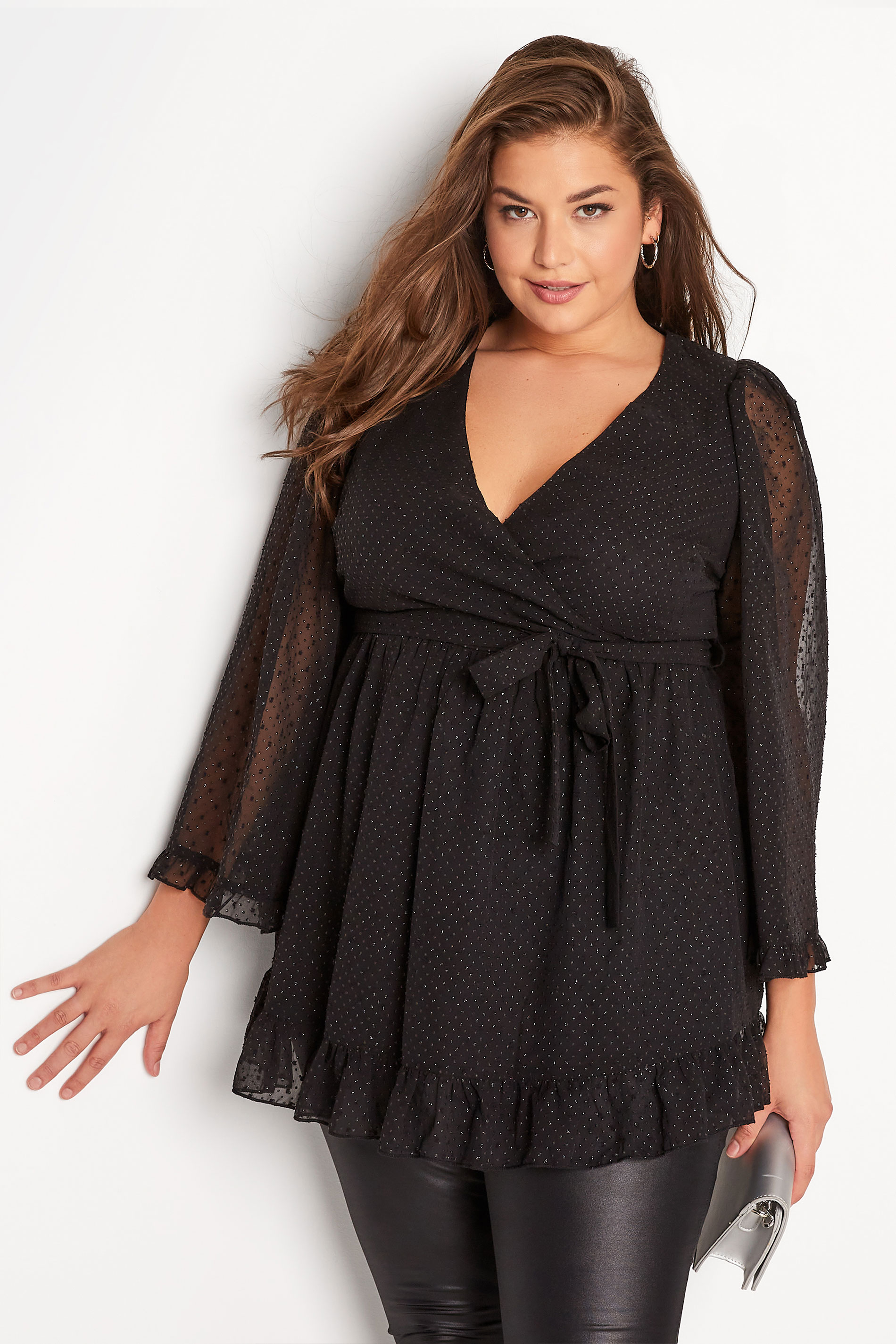 YOURS LONDON Plus Size Black Metallic Dobby Wrap Top | Yours Clothing 1