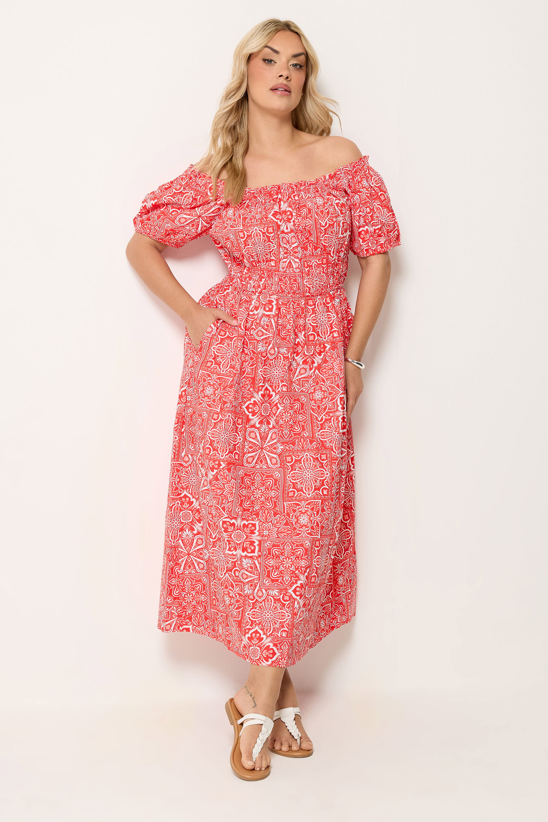 YOURS Plus Size Red Paisley Poplin Bardot Dress | Yours Clothing 1