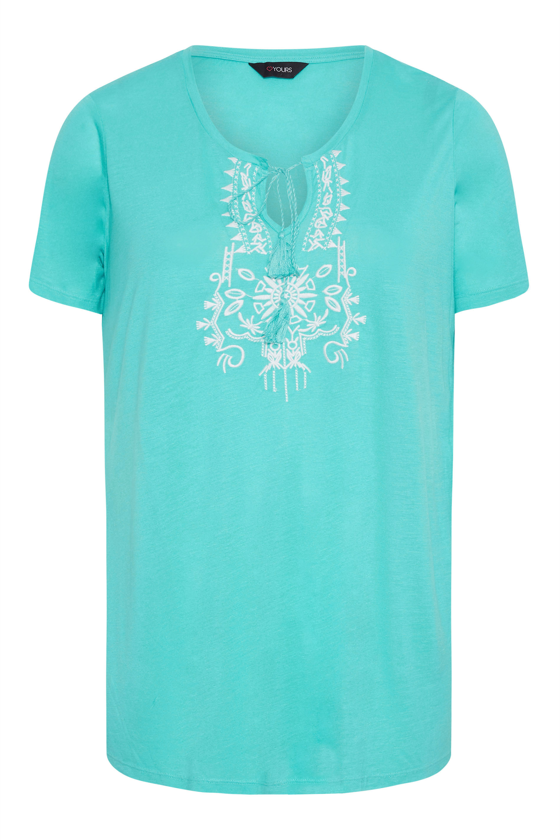 Grande taille  Tops Grande taille  T-Shirts | T-Shirt Bleu Turquoise Brodé Aztèque à Ficelle - SD43850