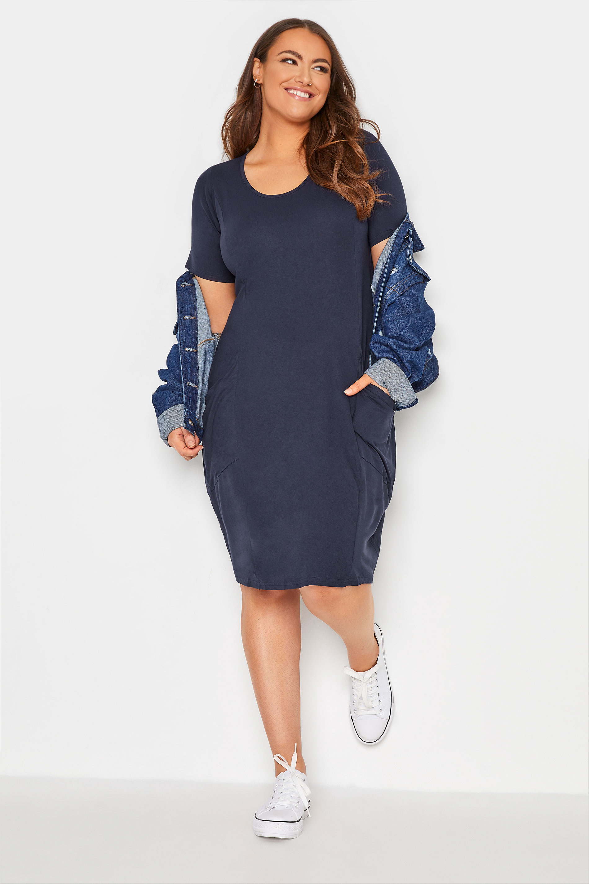 Robes Grande Taille Grande taille  Robes Casual | SUSTAINABLE ORGANIC - Robe Bleue Marine Drâpée à Poches - BQ56419