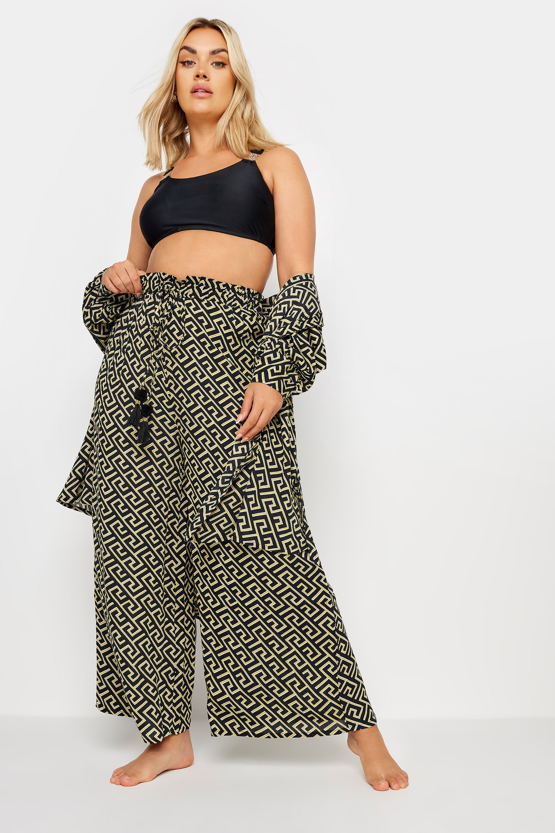 YOURS Plus Size Black Geometric Print Tassel Trousers | Yours Clothing 2