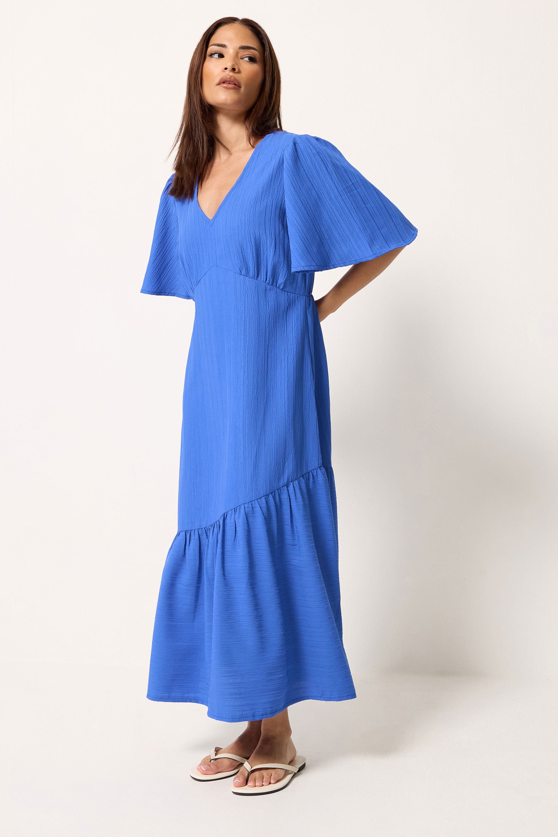 PixieGirl Petite Blue Asymmetric Tiered Midi Dress | PixieGirl 3