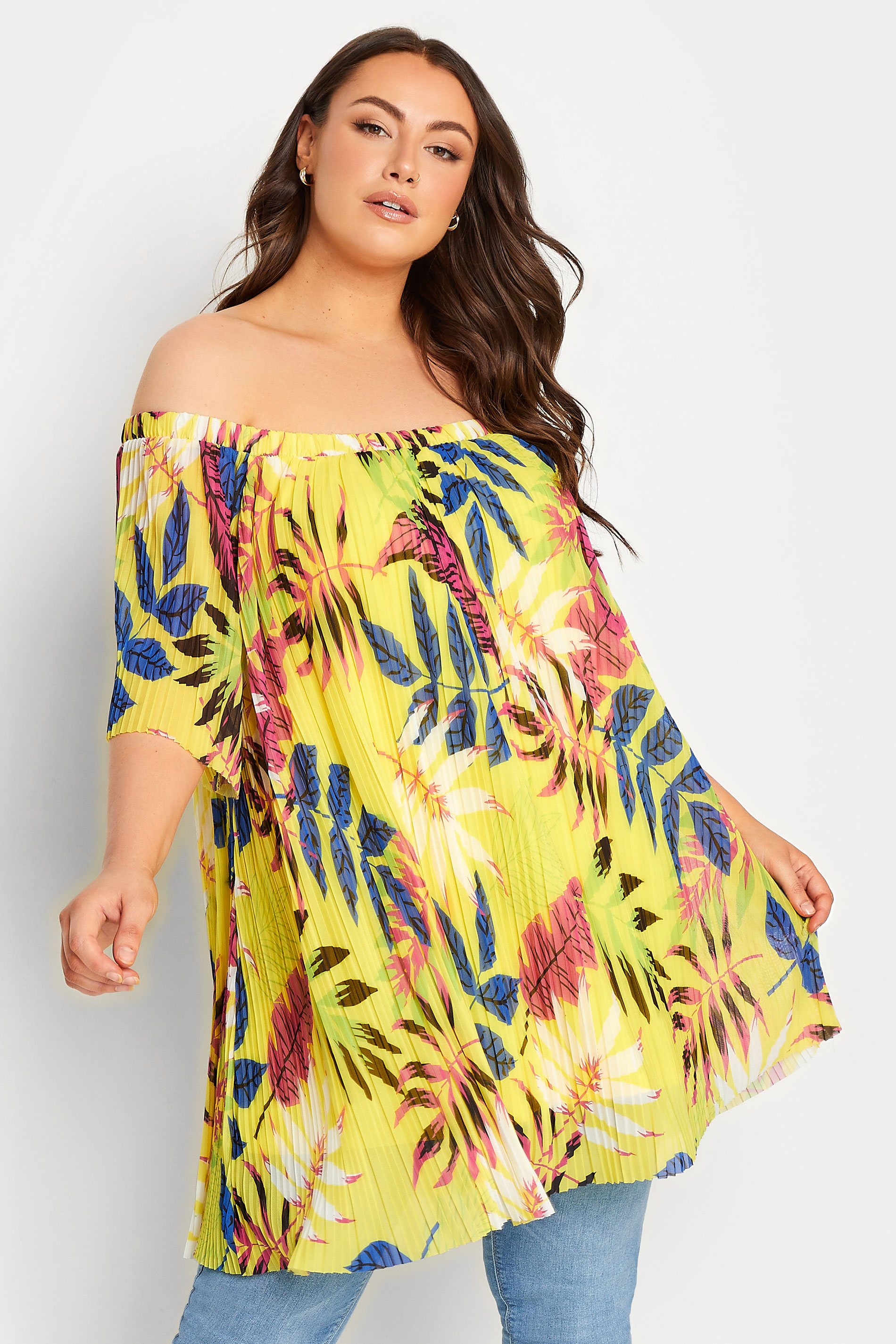 YOURS Curve Plus Size Yellow Tropical Print Double Layer Mesh Top ...