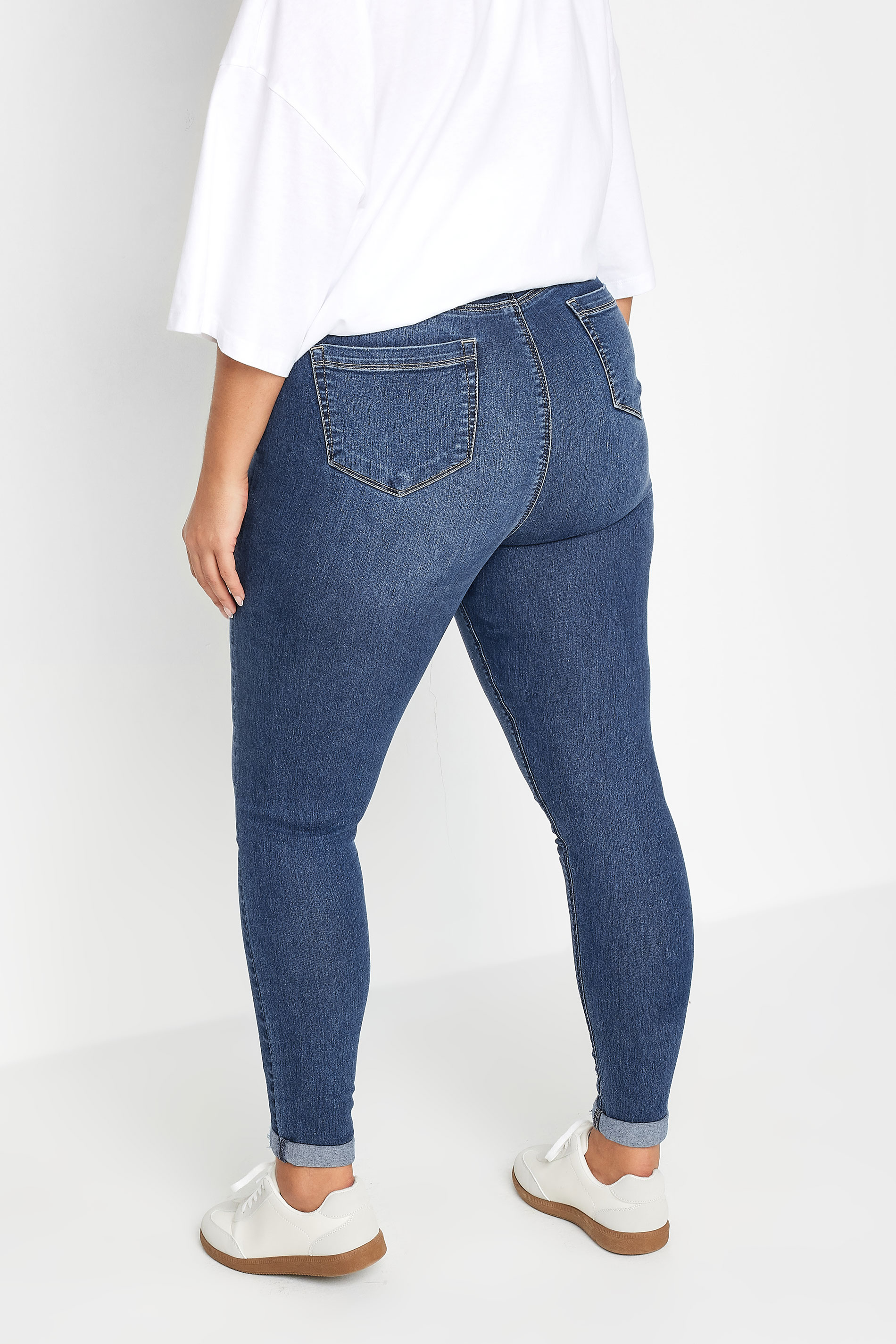 YOURS Plus Size Mid Wash Blue Ripped Turn Up GRACE Jeggings | Yours Clothing 3