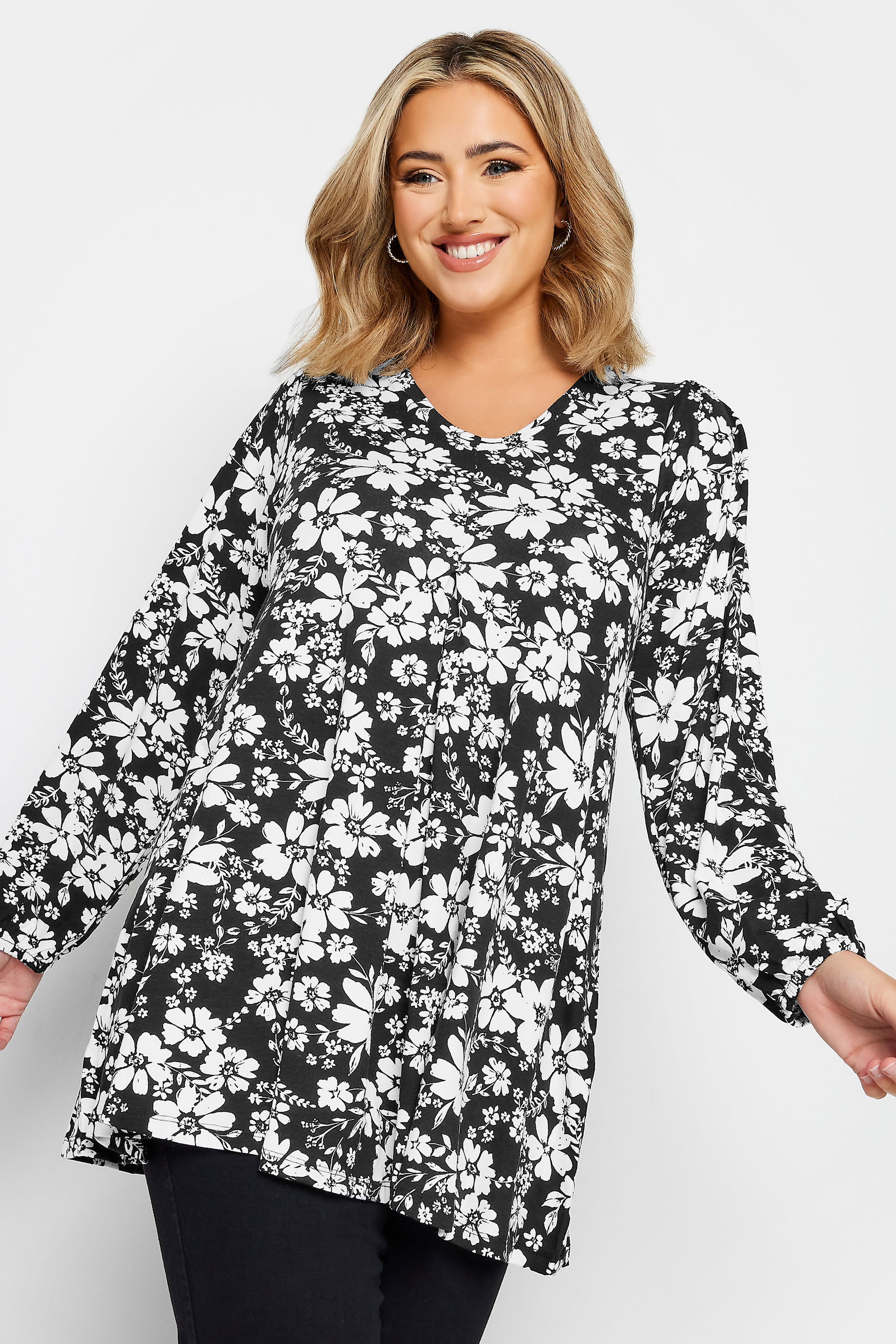 YOURS Plus Size Black Monochrome Floral Long Sleeve Swing Top | Yours Clothing 1