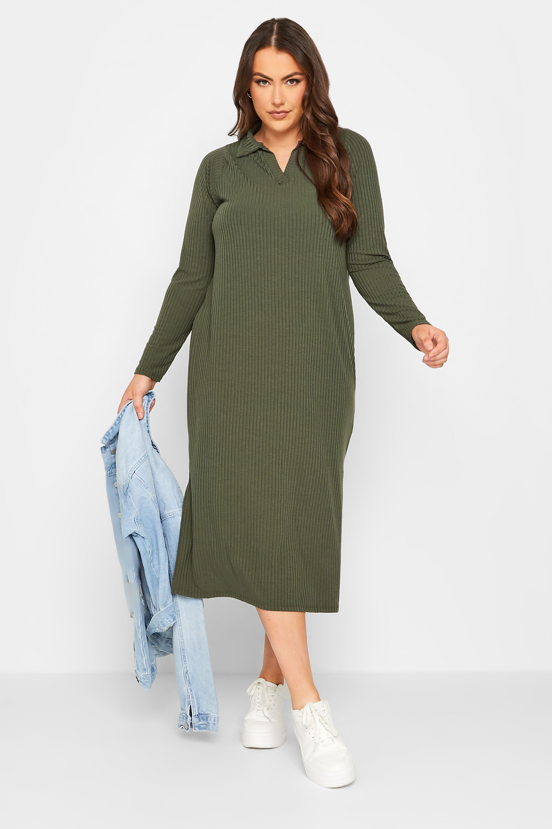 Curve Plus Size Khaki Green Spilt Side Midi Dress | Yours Clothing 2
