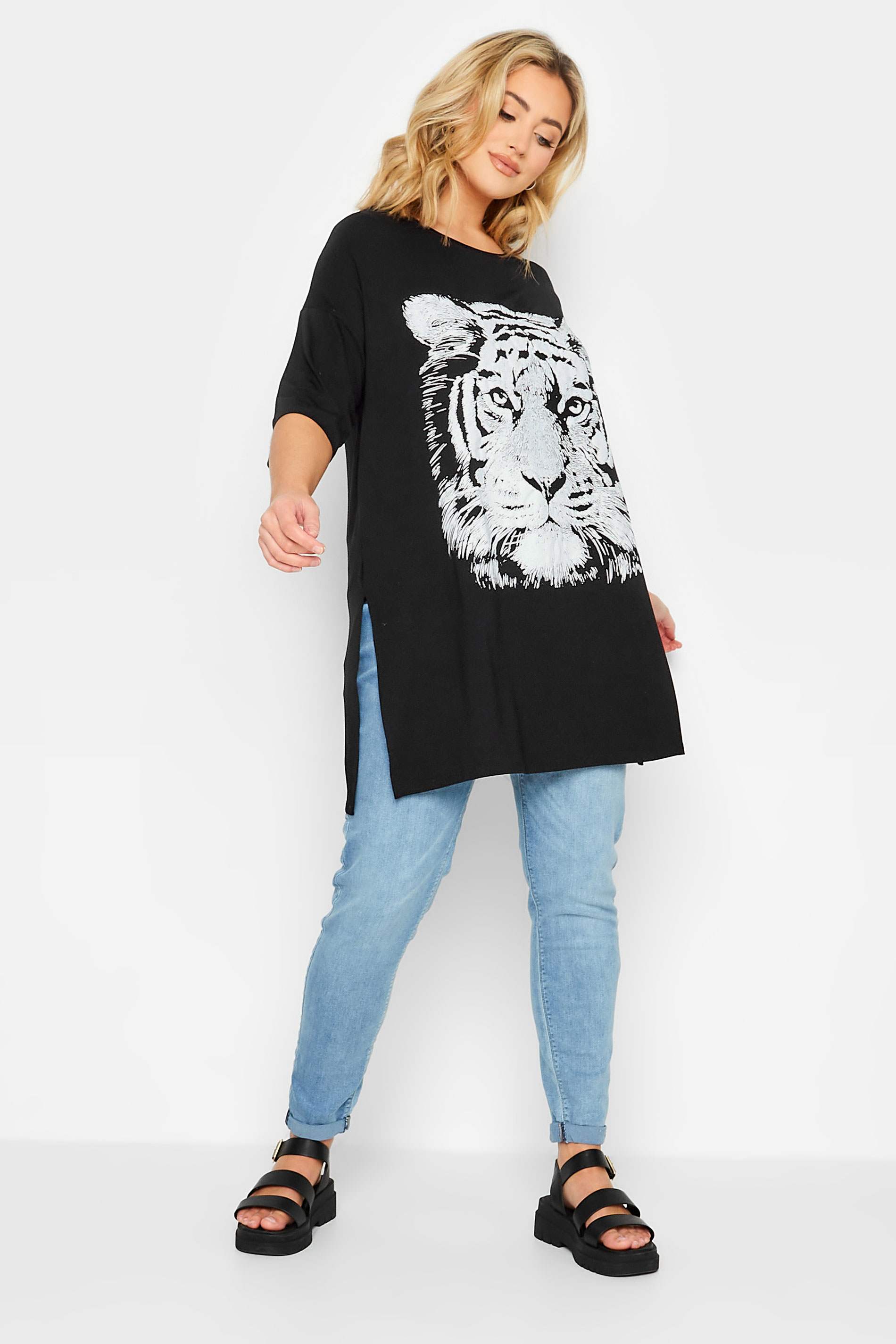 YOURS Plus Size Black & White Tiger Print Split Hem T-Shirt | Yours Clothing 2