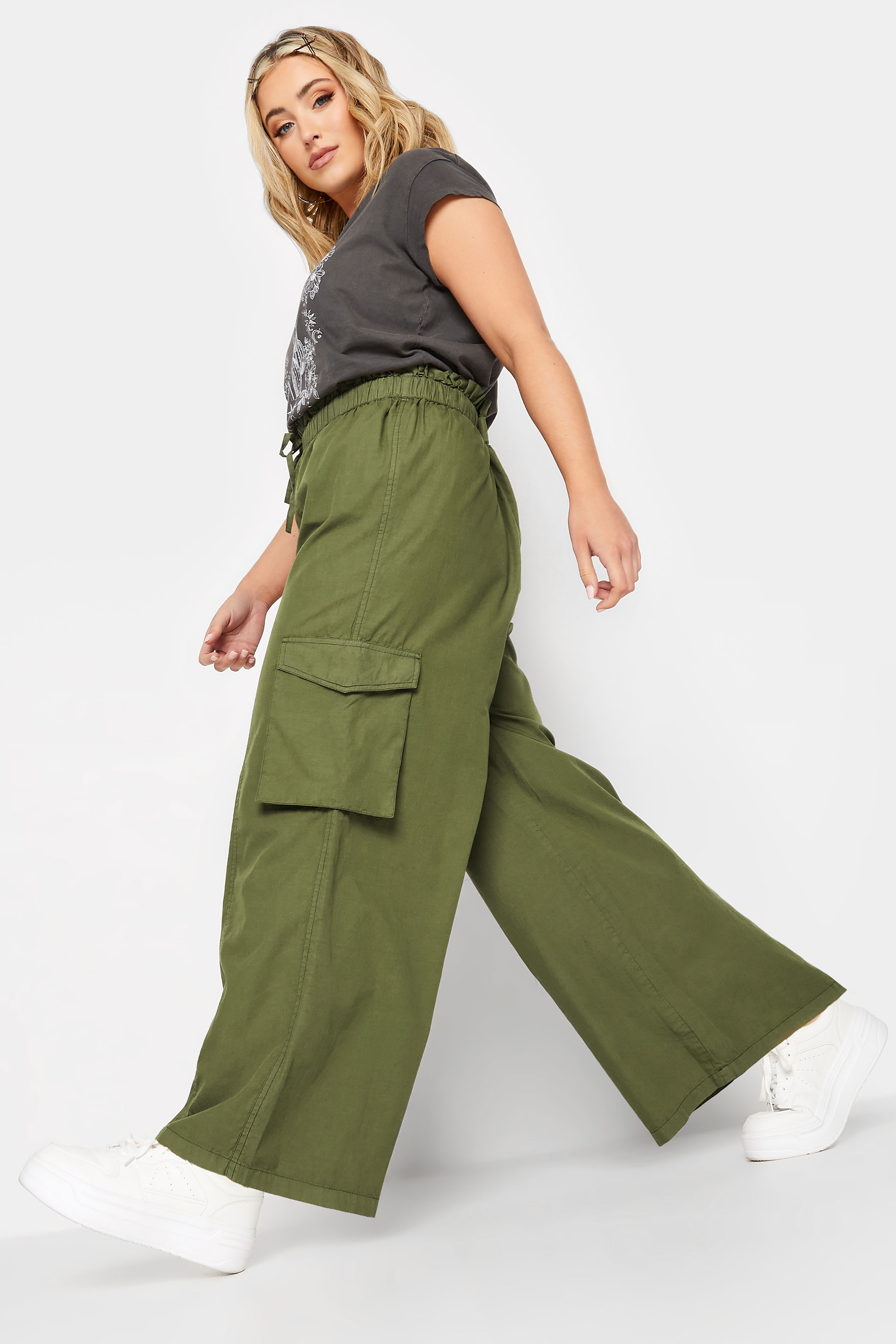 LIMITED COLLECTION Plus Size Khaki Green Cargo Wide Leg Trousers | Yours Clothing 1