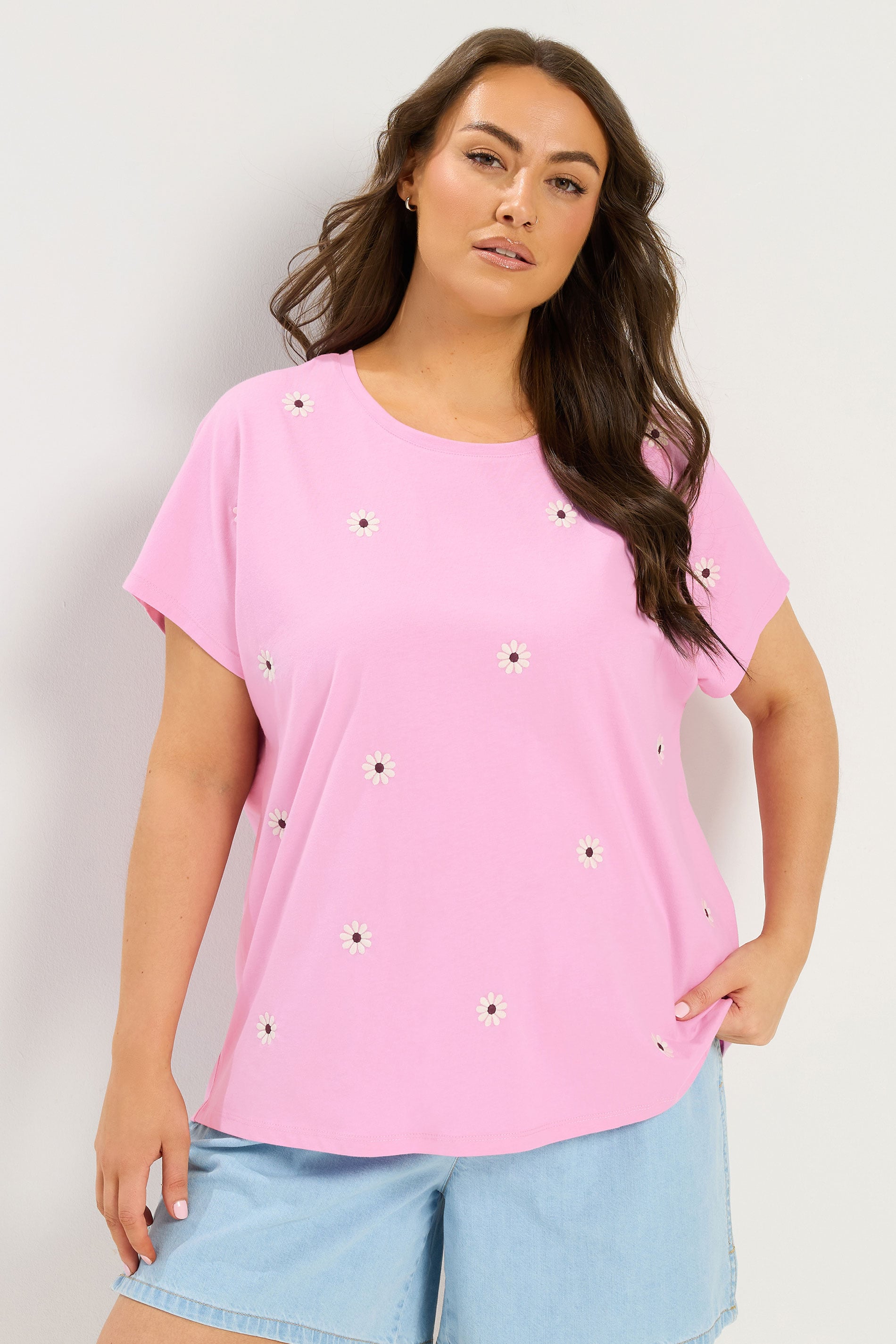 YOURS Plus Size Light Pink Embroidered Daisy T-Shirt | Yours Clothing 3