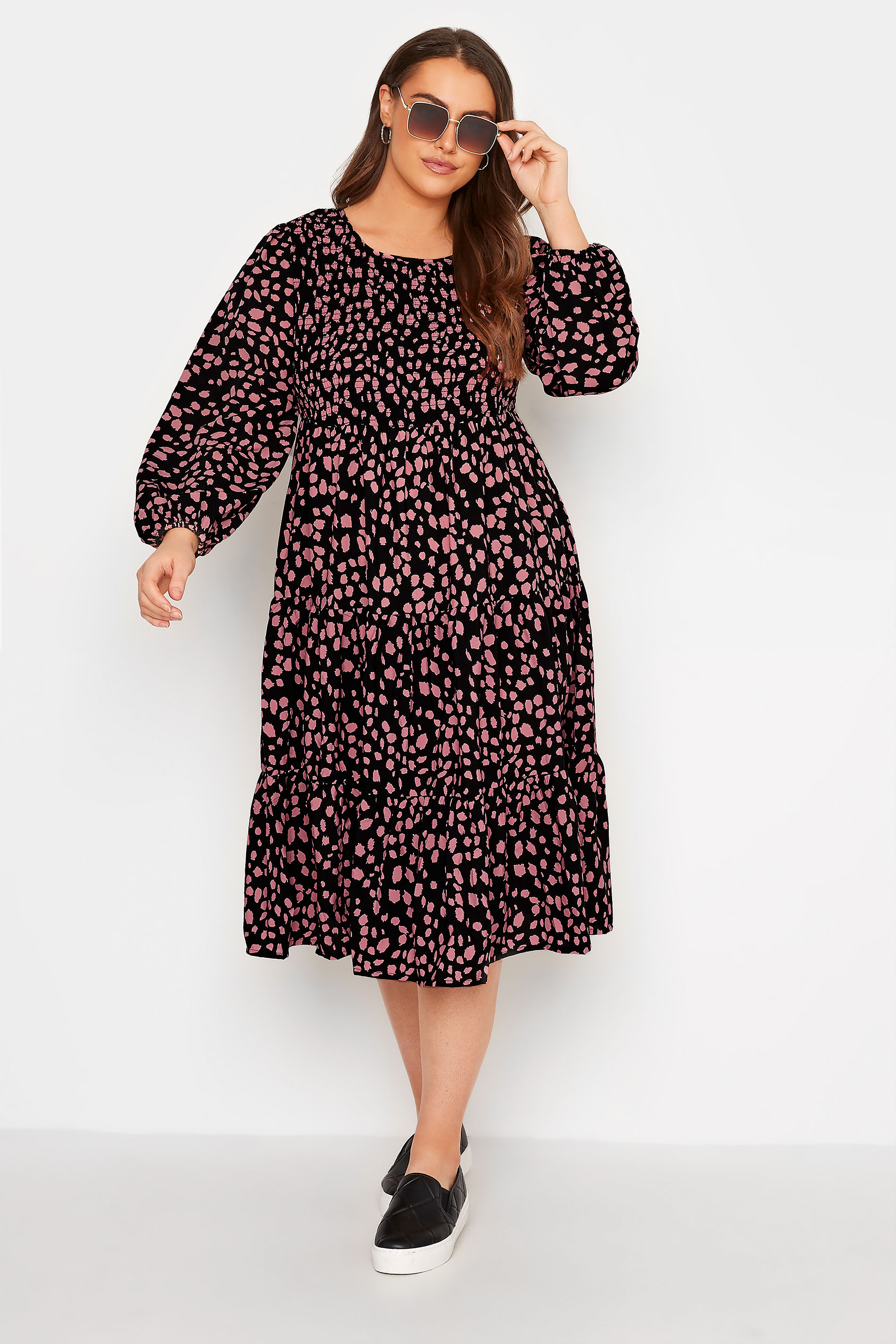 Plus Size Black Dalmatian Print Shirred Smock Midi Dress | Yours Clothing