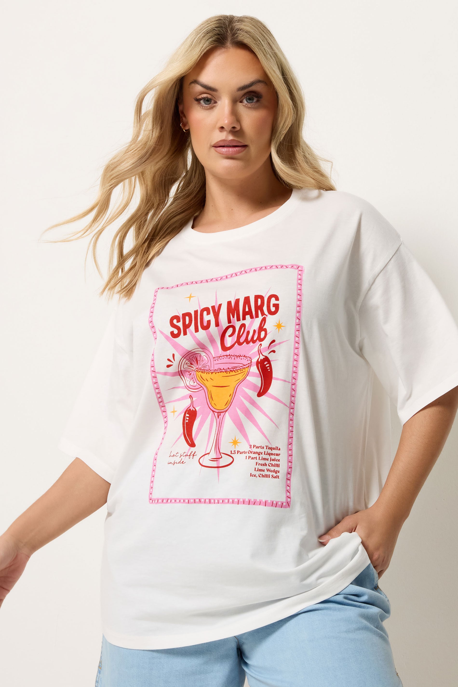 YOURS Plus Size Ivory White 'Spicy Marg Club' Slogan T-Shirt | Yours Clothing 1