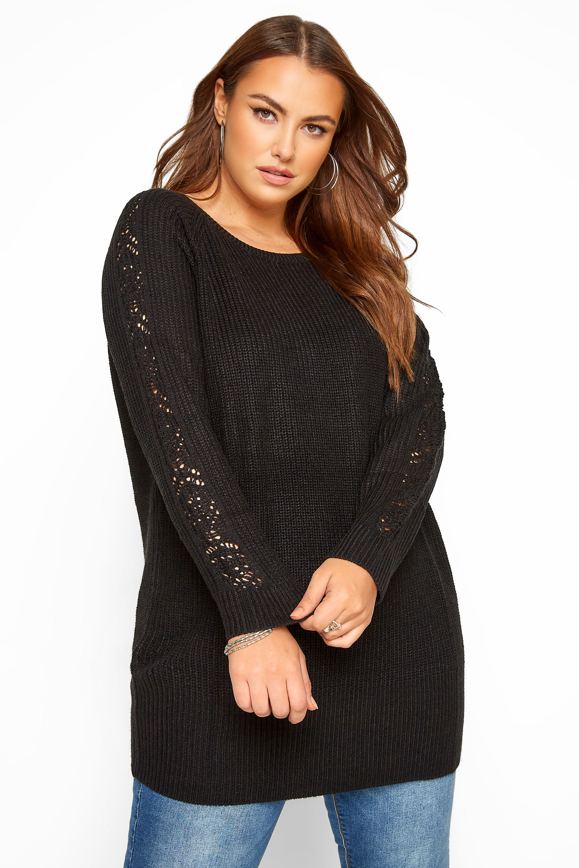 Black Pointelle Sleeve Knitted Jumper Yours Clothing