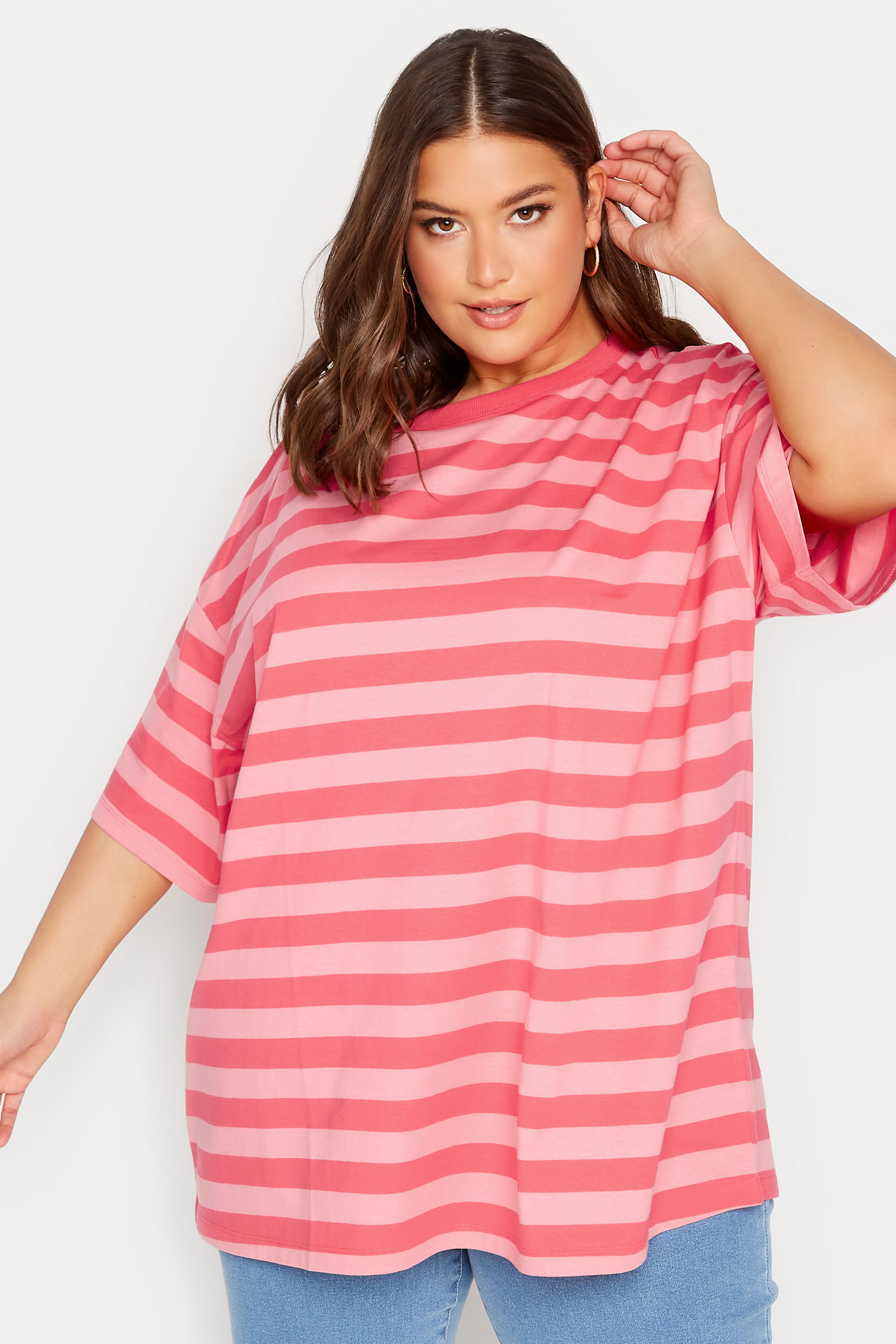 YOURS Curve Plus Size Pink & Red Stripe Oversized Boxy T-Shirt | Yours Clothing  1