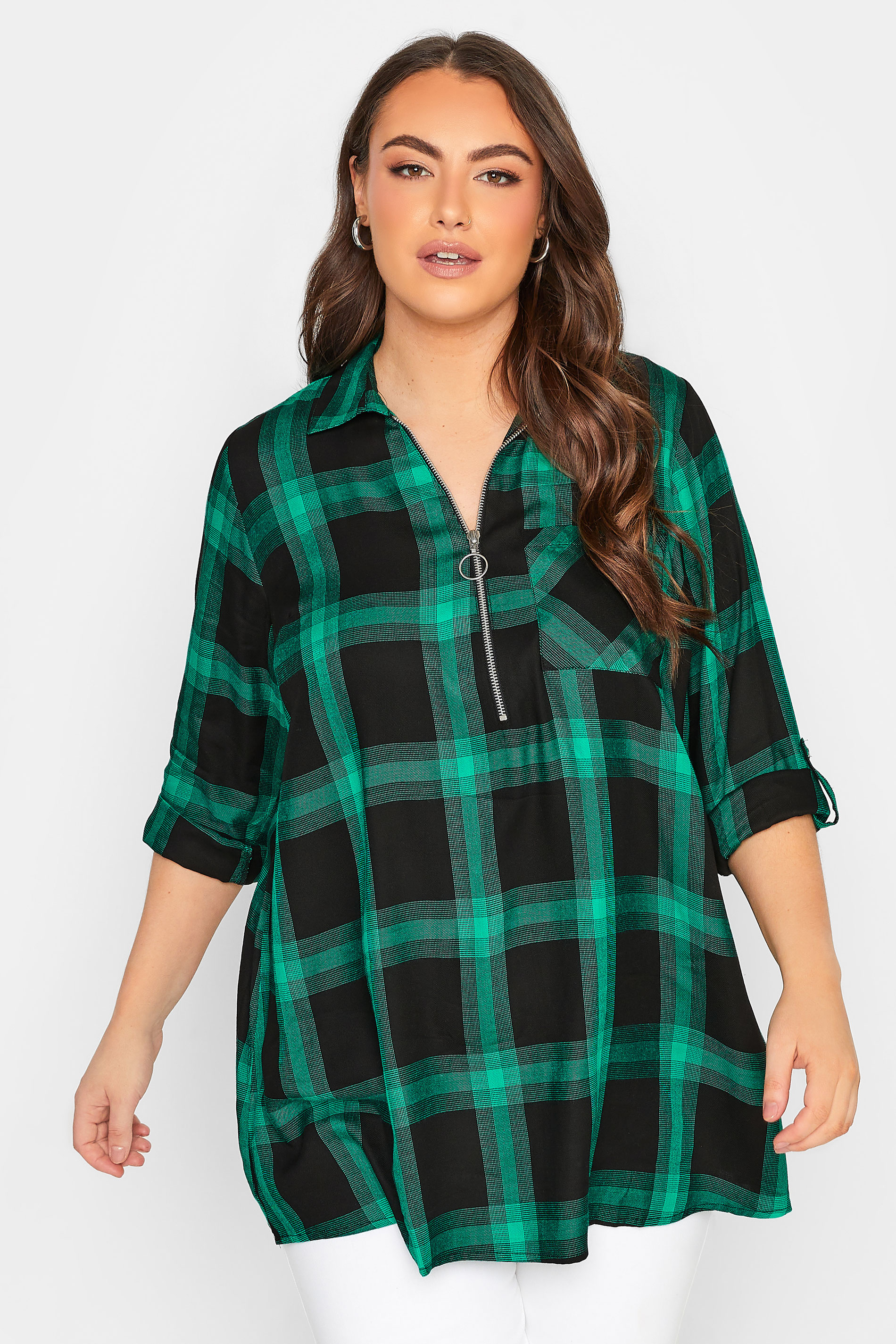 Curve Green & Black Checked Zip Top | Yours Clothing 1