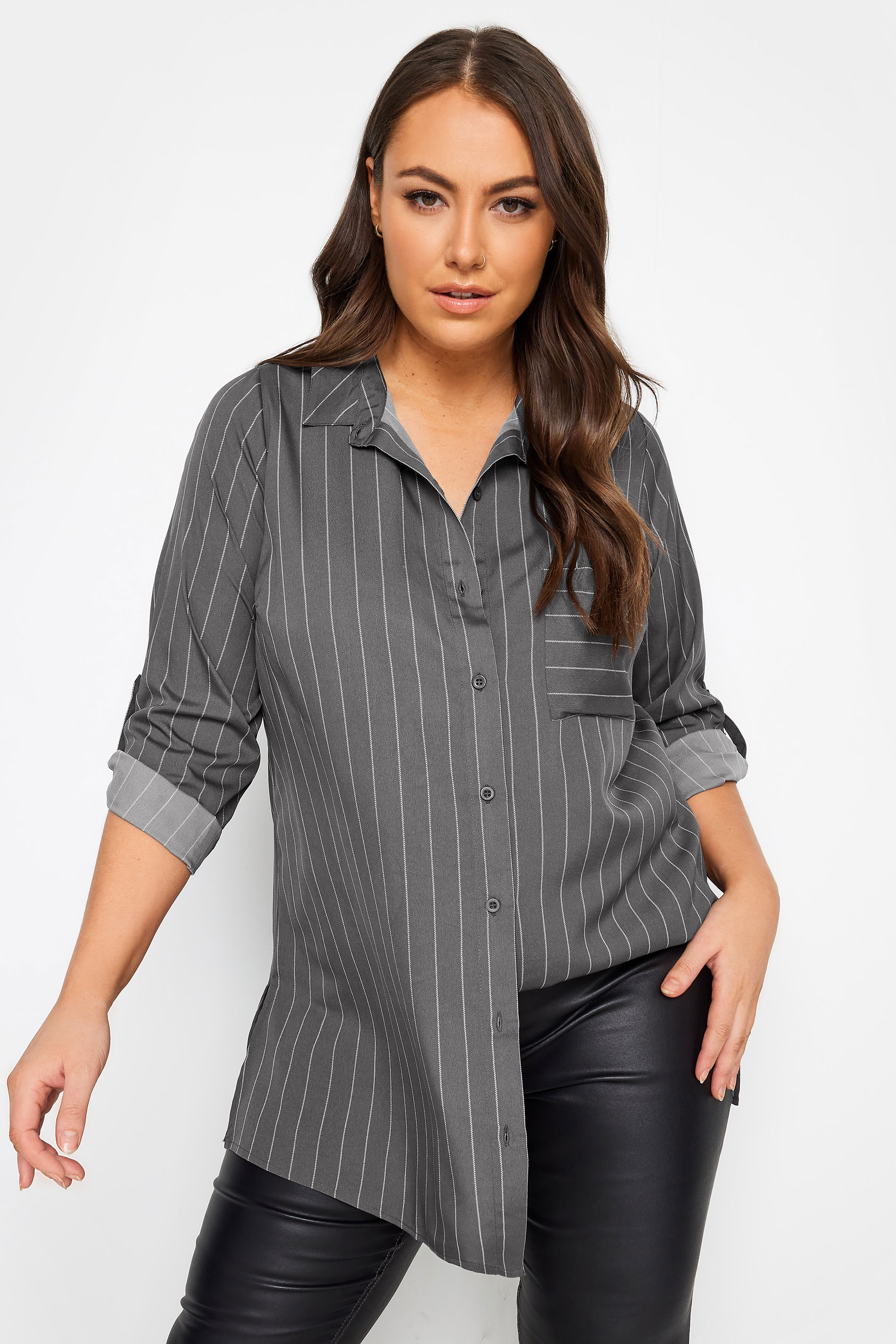 YOURS Curve Plus Size Grey Stripe Print Boyfriend Shirt | Yours Clothing  1