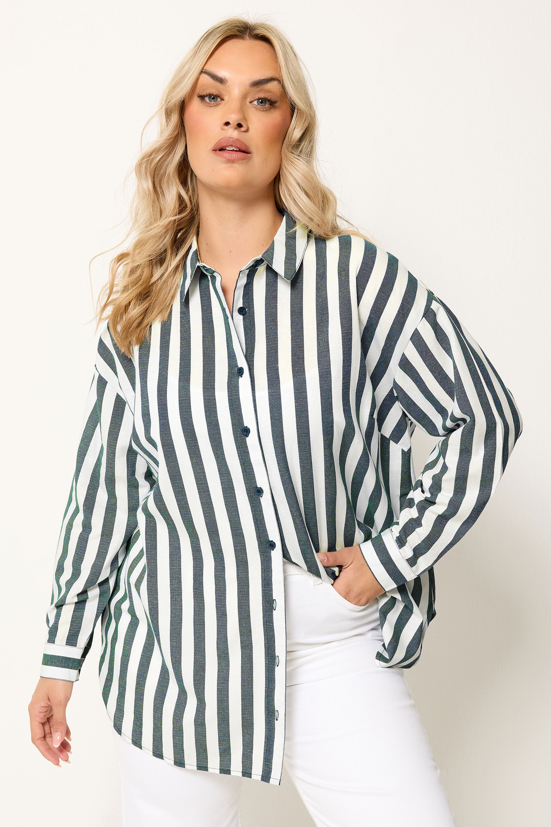 YOURS Plus Size Navy Blue Stripe Linen Shirt | Yours Clothing 2