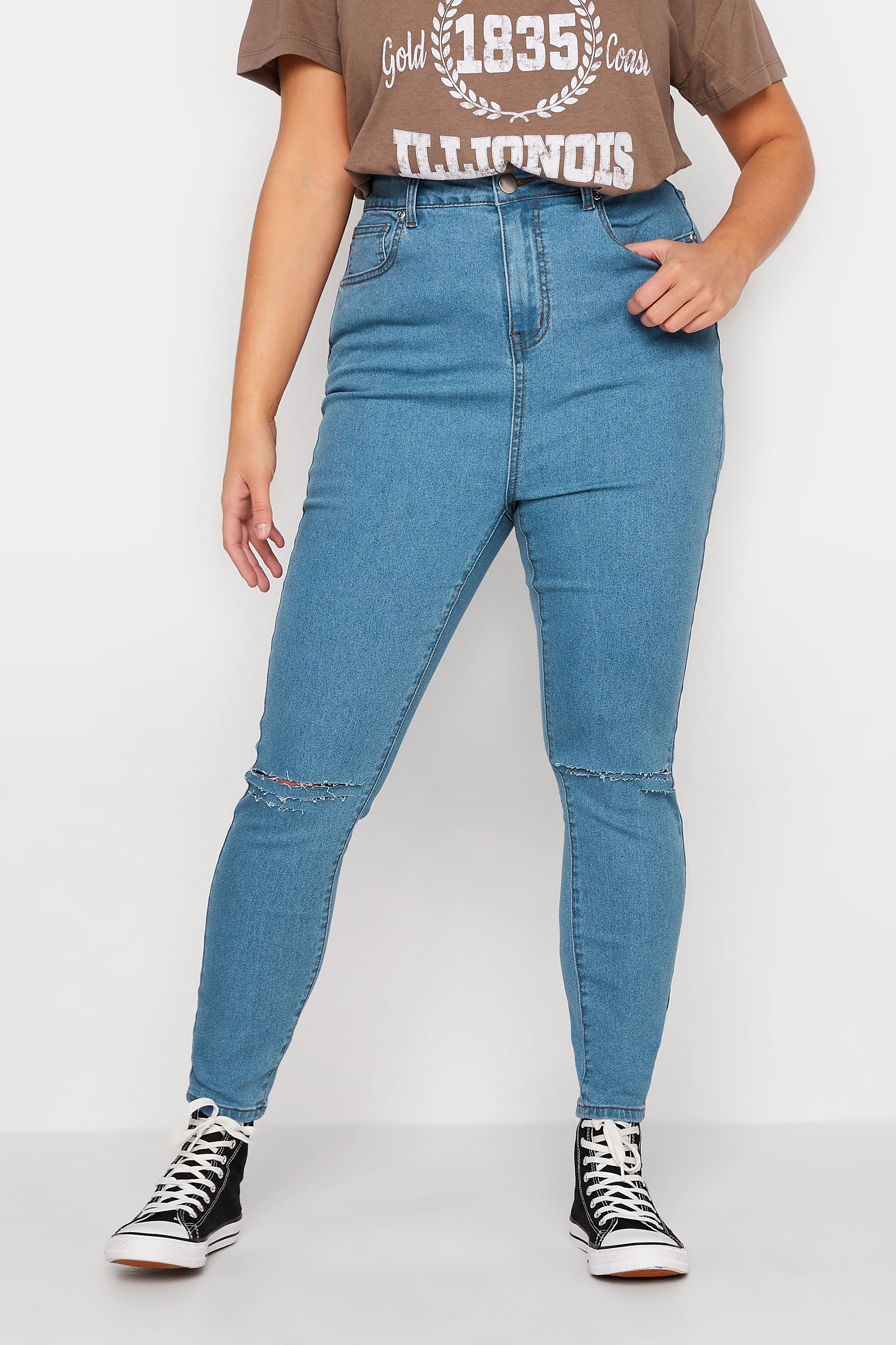 Plus Size Bleach Blue Ripped Skinny Stretch AVA Jeans | Yours Clothing 2