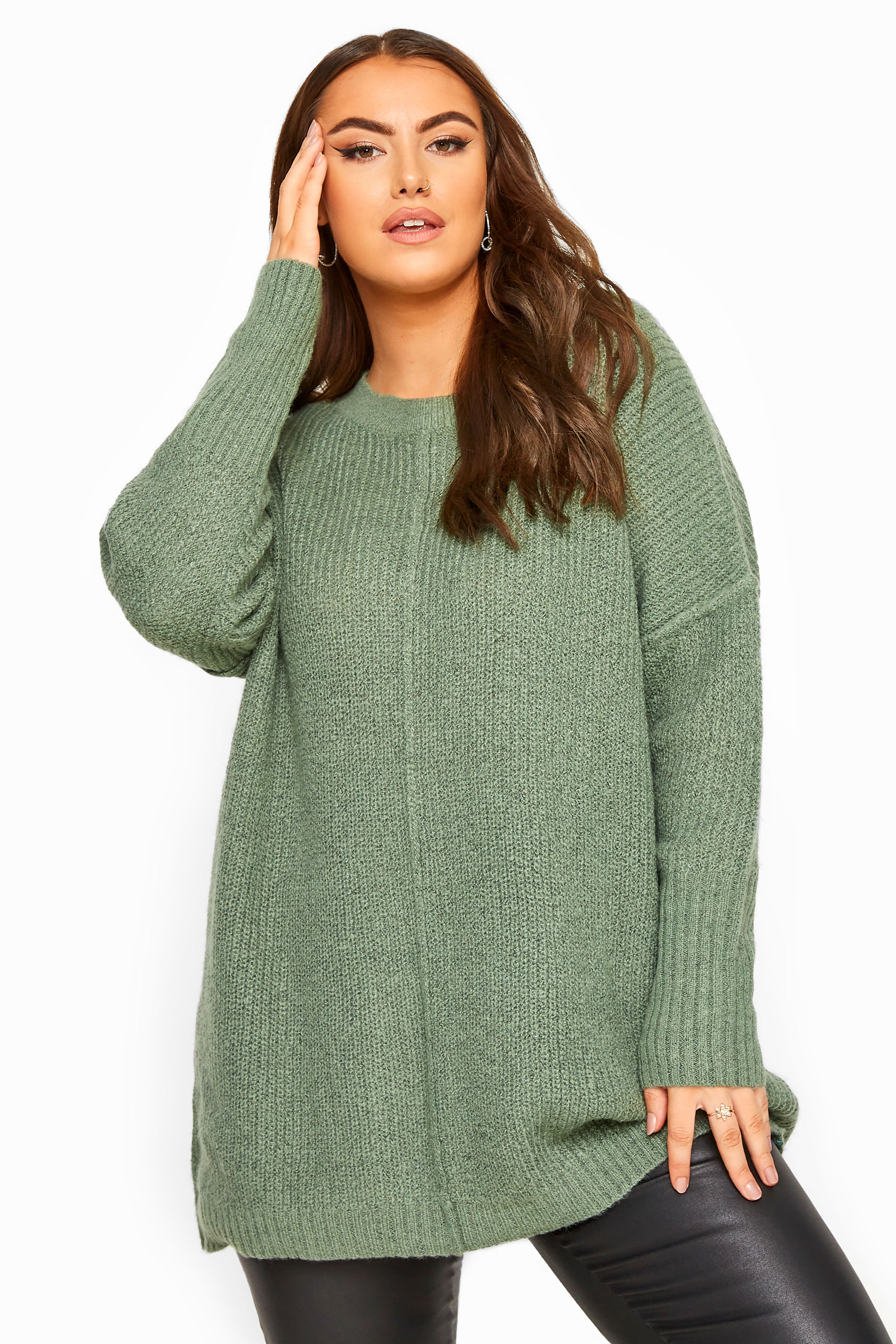 Plus Size Curve Sage Green Oversized Knitted Jumper | Yours Clothing 1