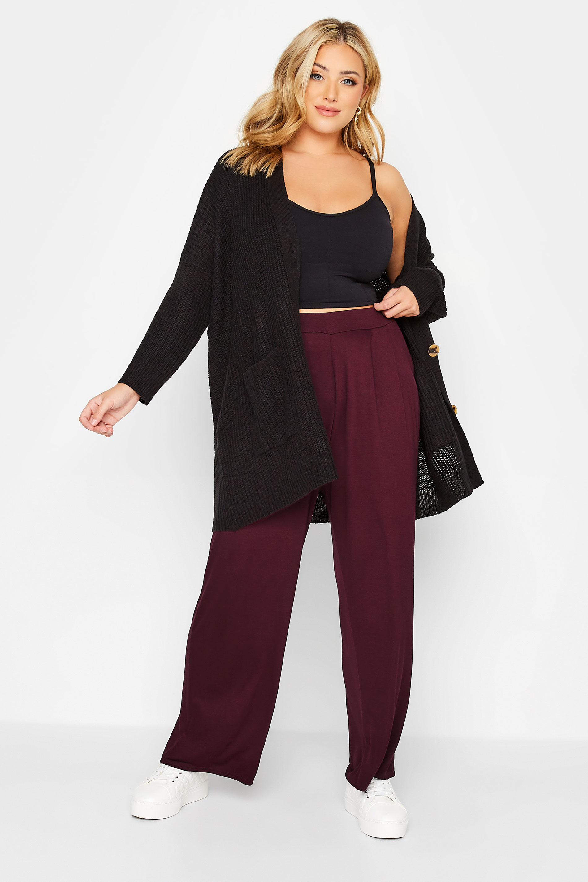 YOURS Curve Plus Size Burgundy Red Pleat Stretch Wide Leg Trousers | Yours Clothing  3