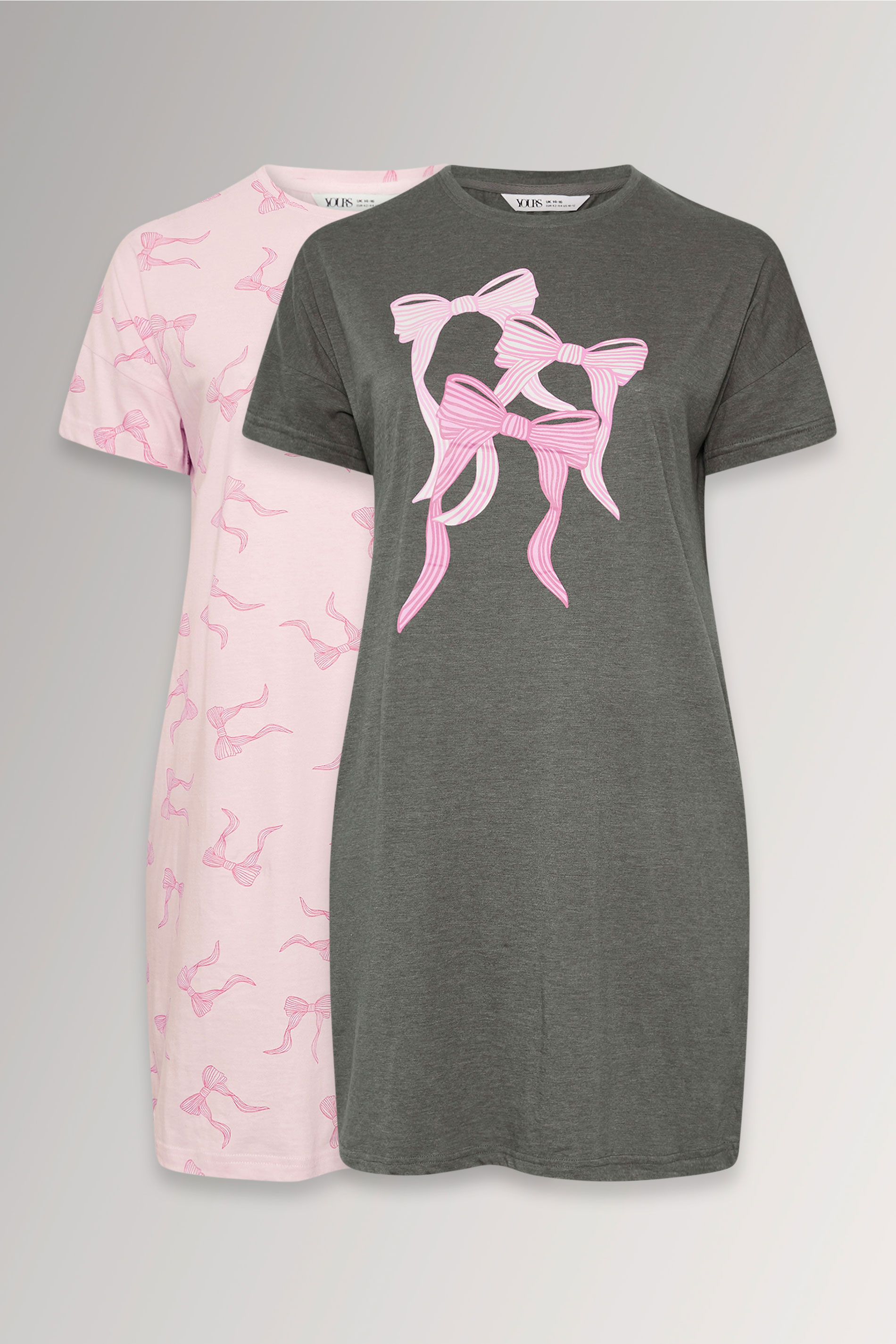 YOURSET Plus Size 2 PACK Grey & Pink Bow Print Nightdresses | Yours Clothing 3
