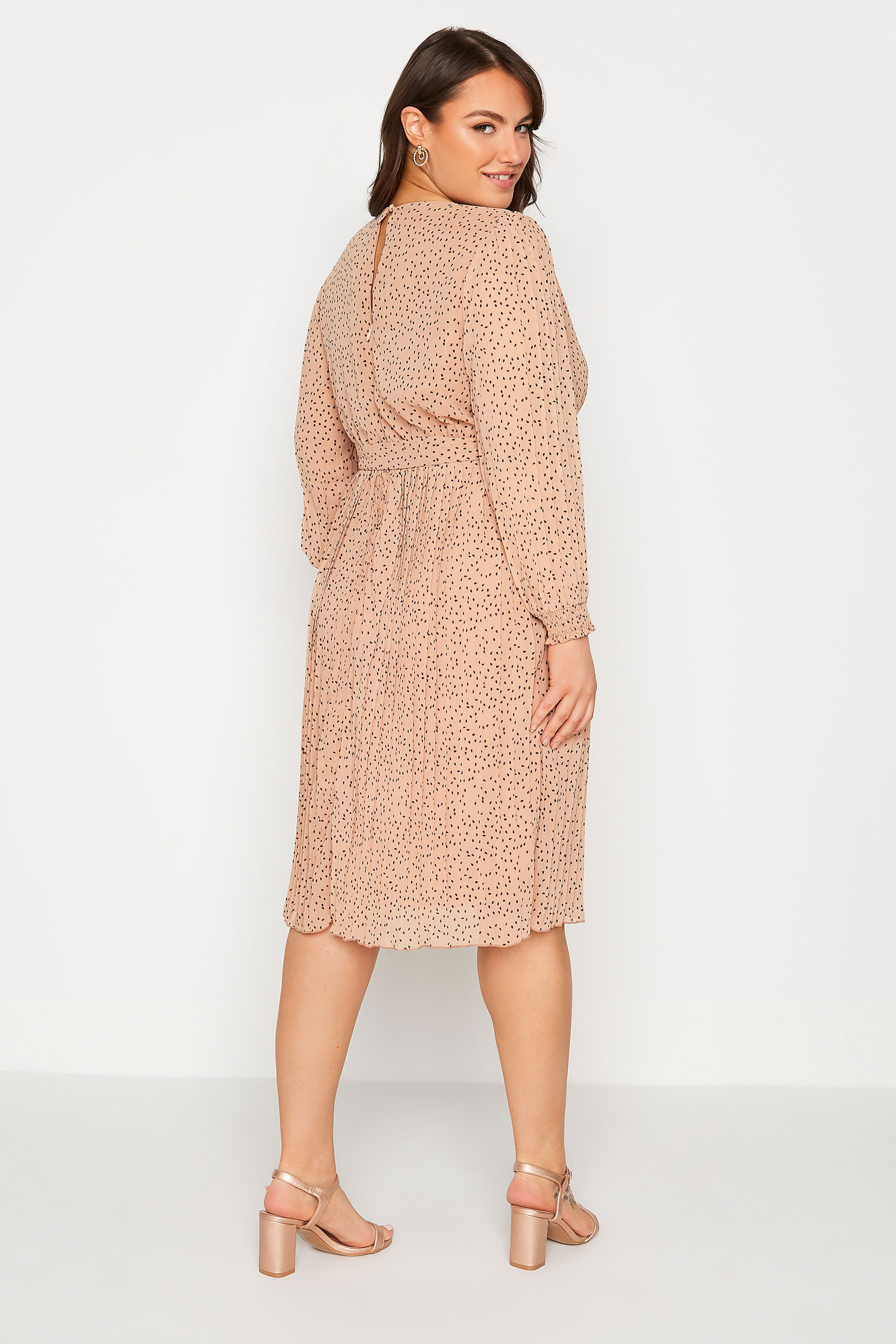 YOURS LONDON Plus Size Beige Brown Spot Print Pleated Wrap Dress | Yours Clothing 3