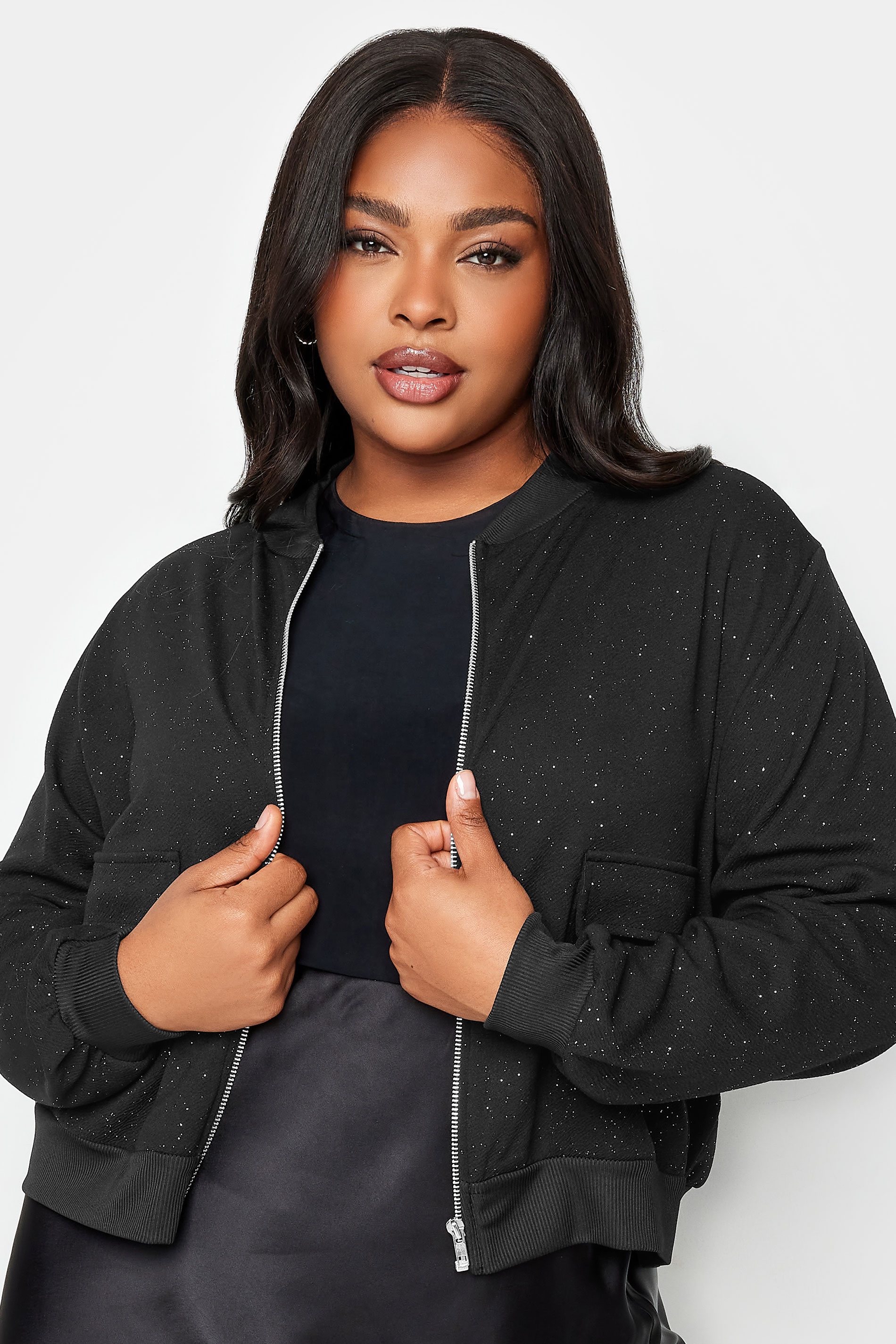 YOURS Plus Size Black Glitter Formal Bomber Jacket | Yours Clothing 1
