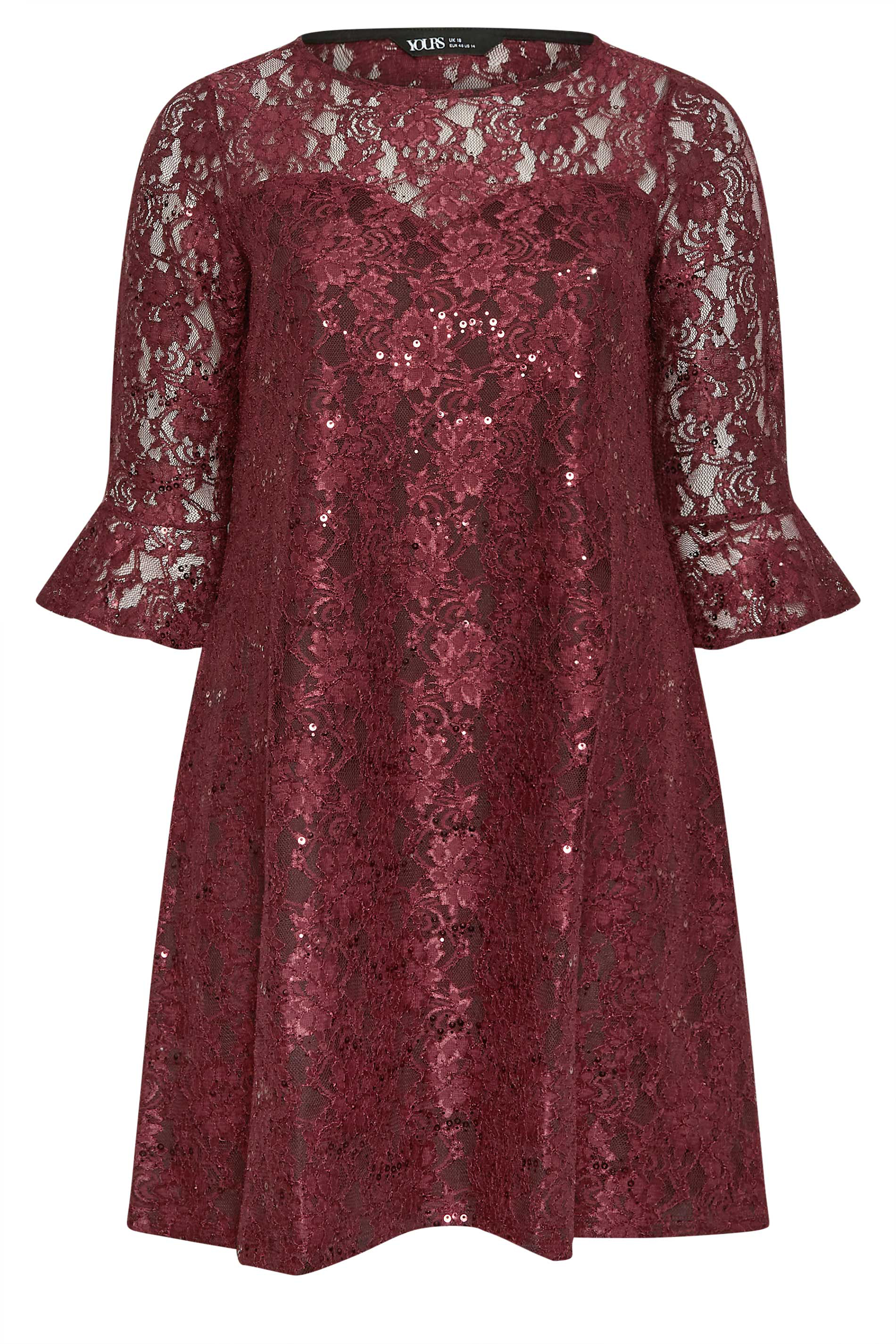 YOURS Plus Size Burgundy Red Lace Sequin Embellished Swing Dress ...