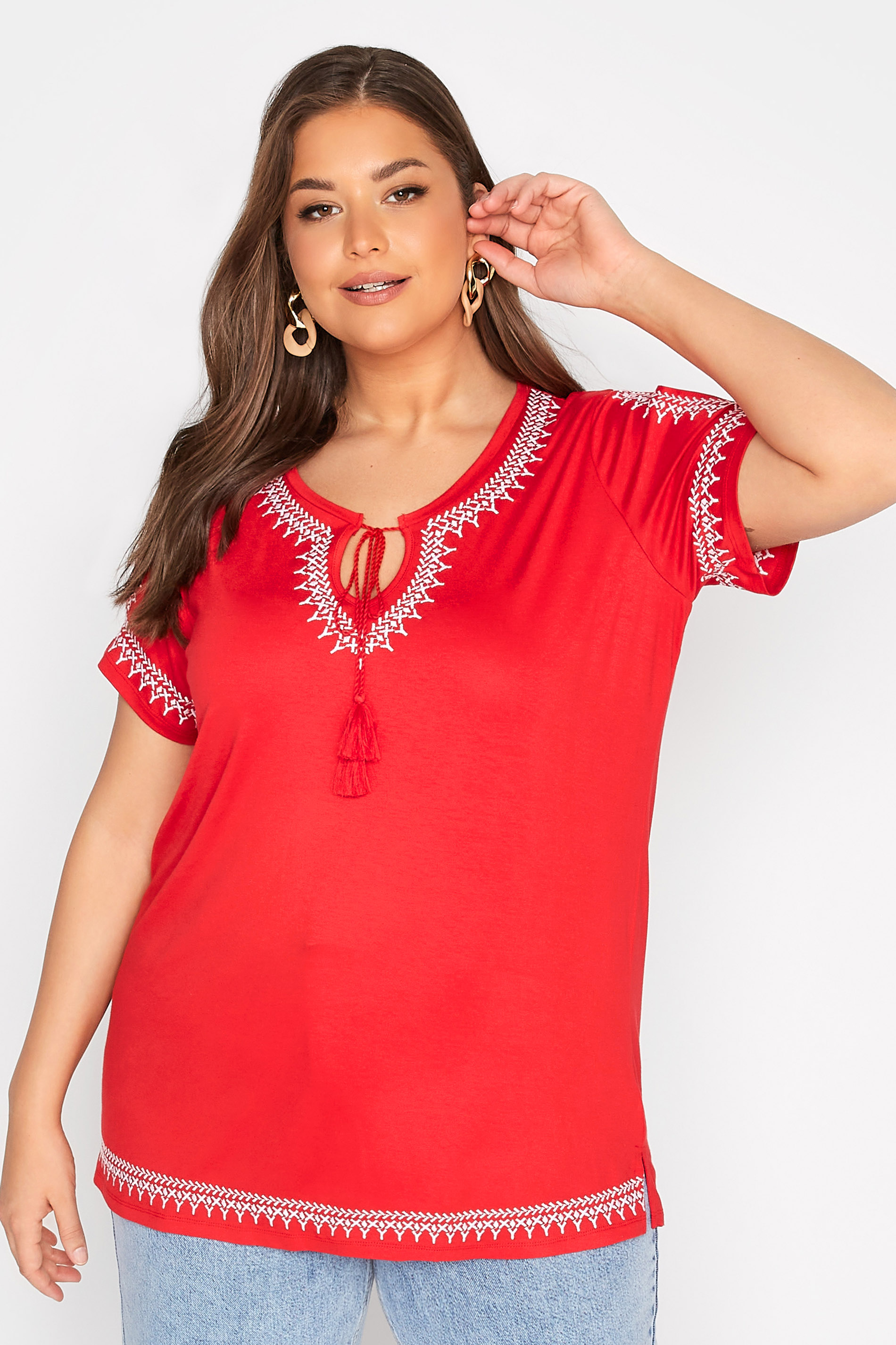 Plus Size Red Aztec Embroidered Cold Shoulder Top | Yours Clothing 1