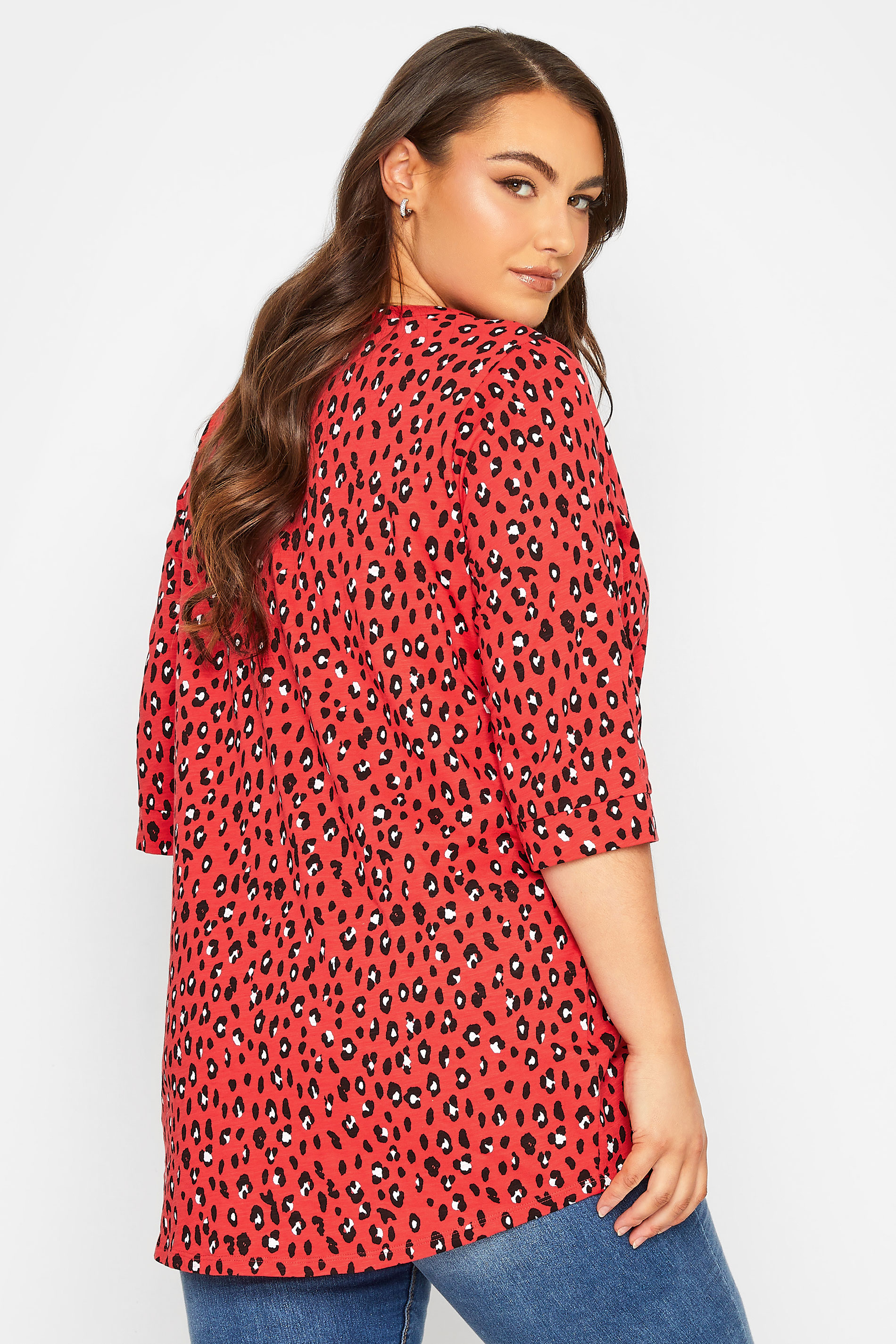 YOURS Plus Size Red Leopard Print Henley T-Shirt | Yours Clothing 3