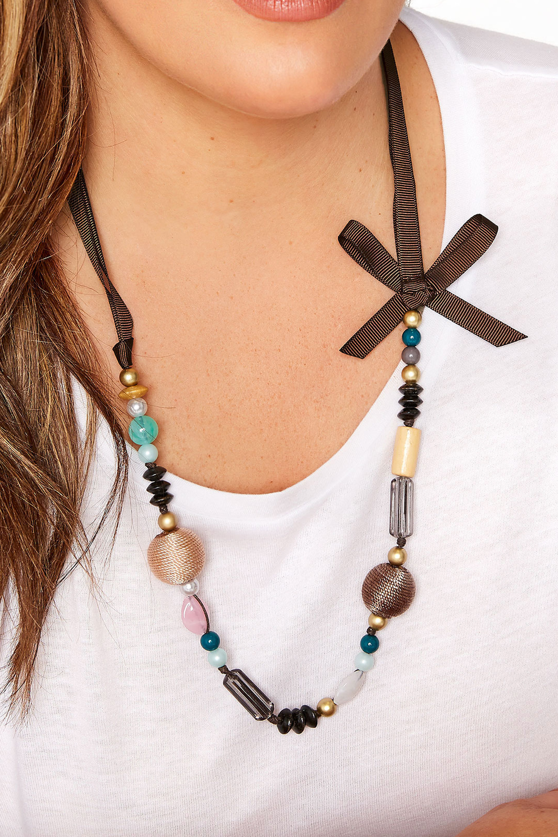 Brown Bow Mixed Bead Necklace | Yours Clothing 1