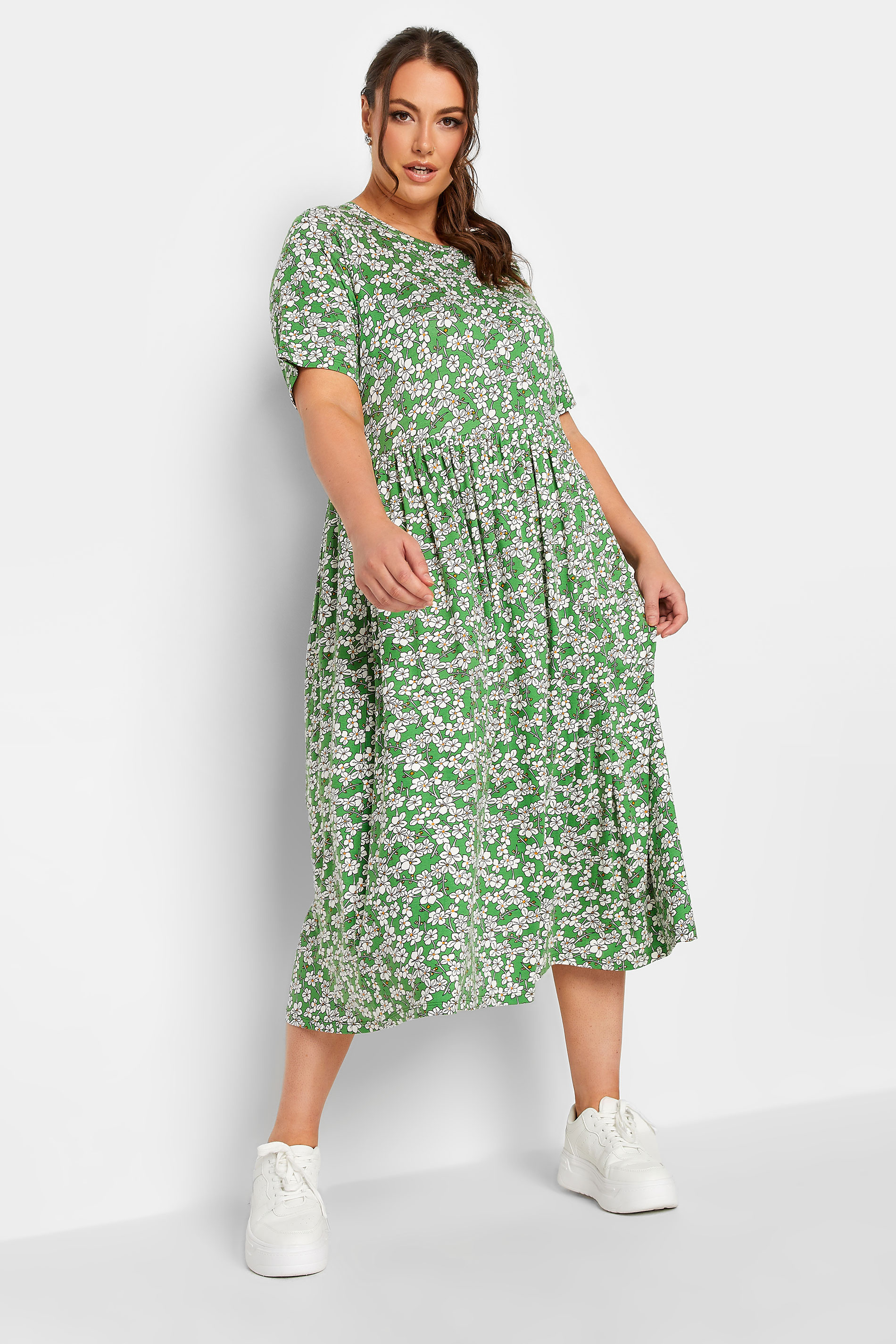 YOURS Curve Green Floral Smock Dress | Yours Clothing  1