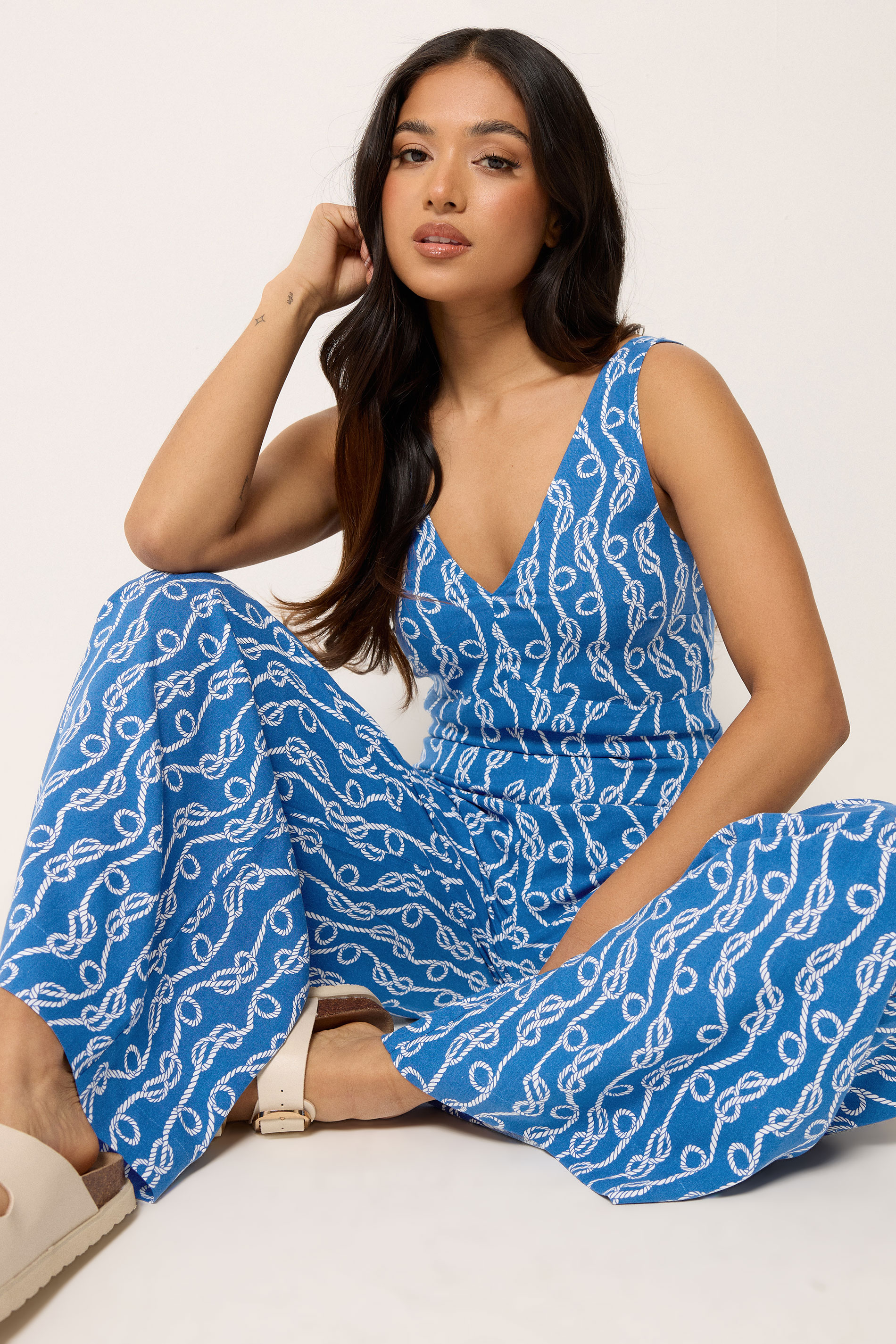 PixieGirl Petite Women's Blue Rope Print Wide Leg Jumpsuit | PixieGirl 3