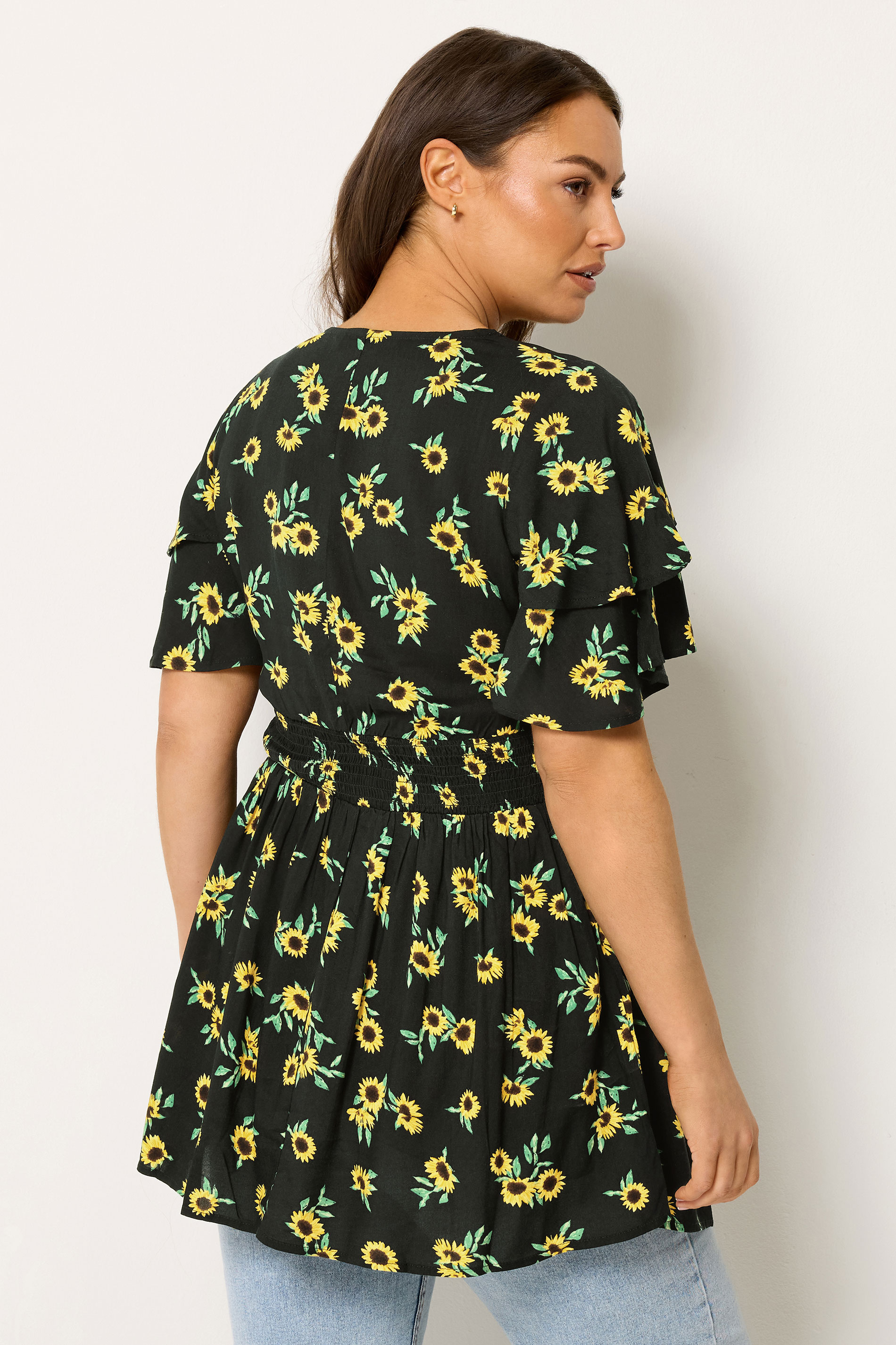 YOURS Plus Size Black Sunflower Print Flutter Sleeve Top | Yours Clothing 4