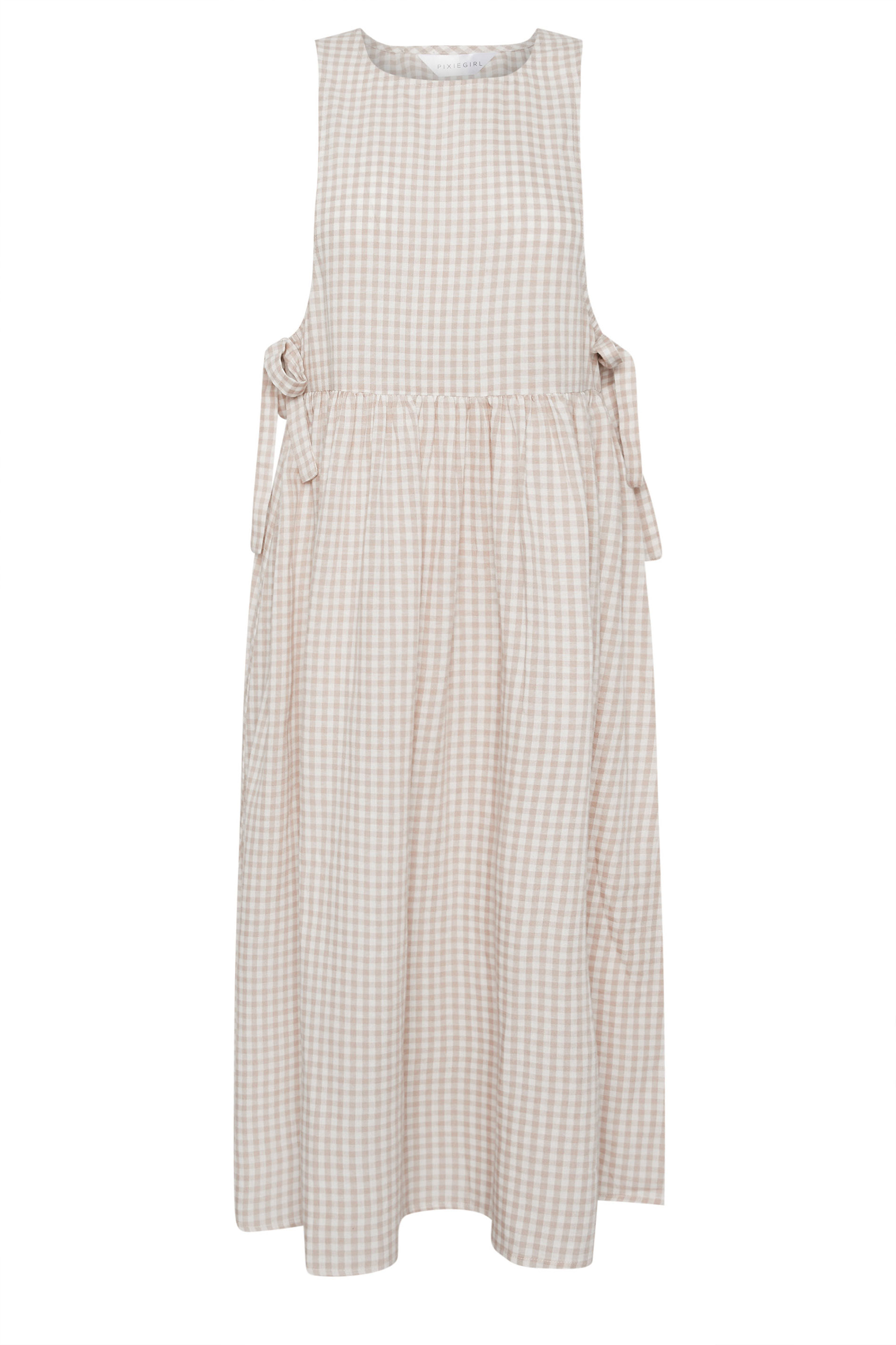 PixieGirl Petite Women's Natural Brown Gingham Tie Side Pinafore Dress | PixieGirl 5