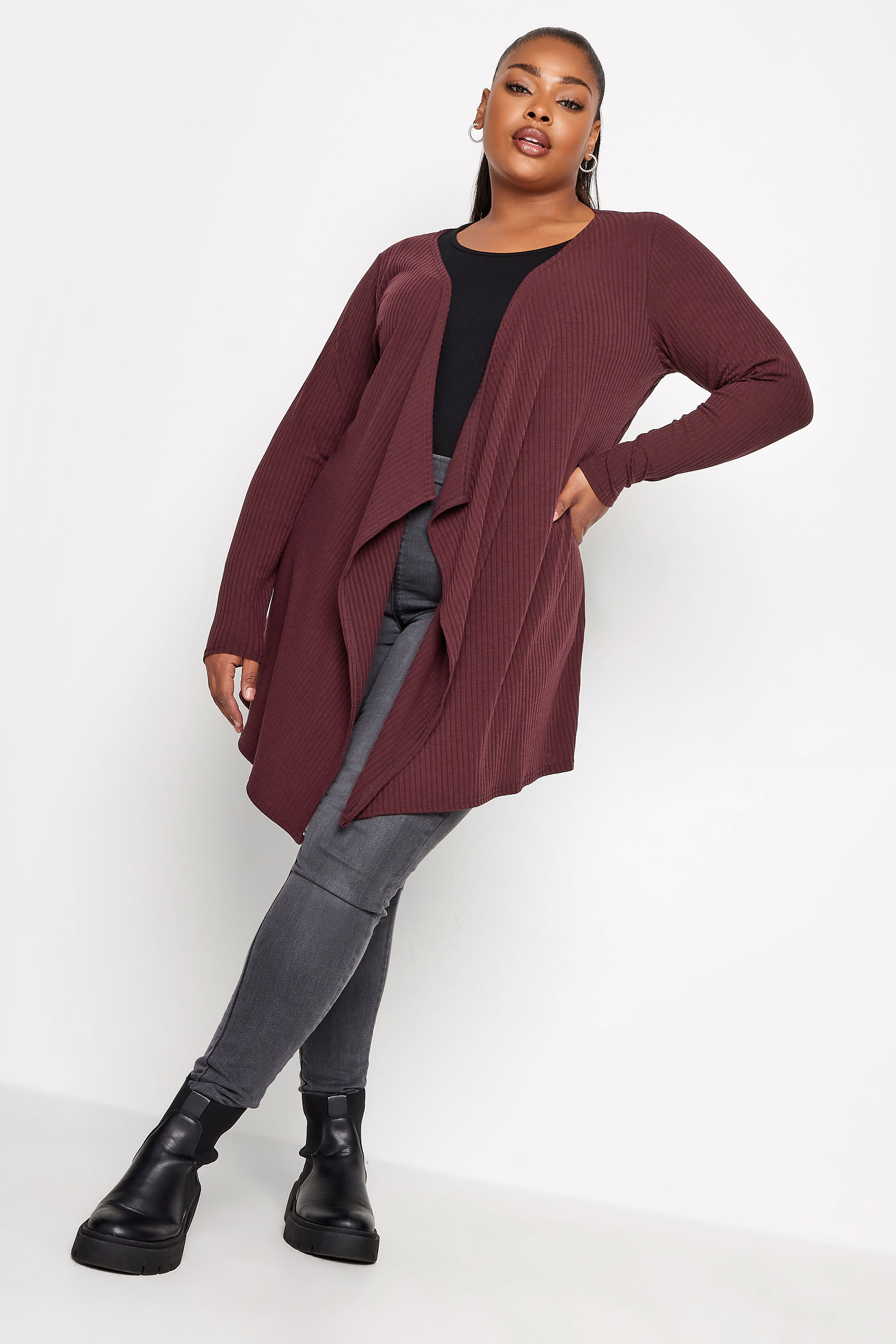 YOURS Plus Size Burgundy Red Ribbed Waterfall Cardigan | Yours Clothing 2
