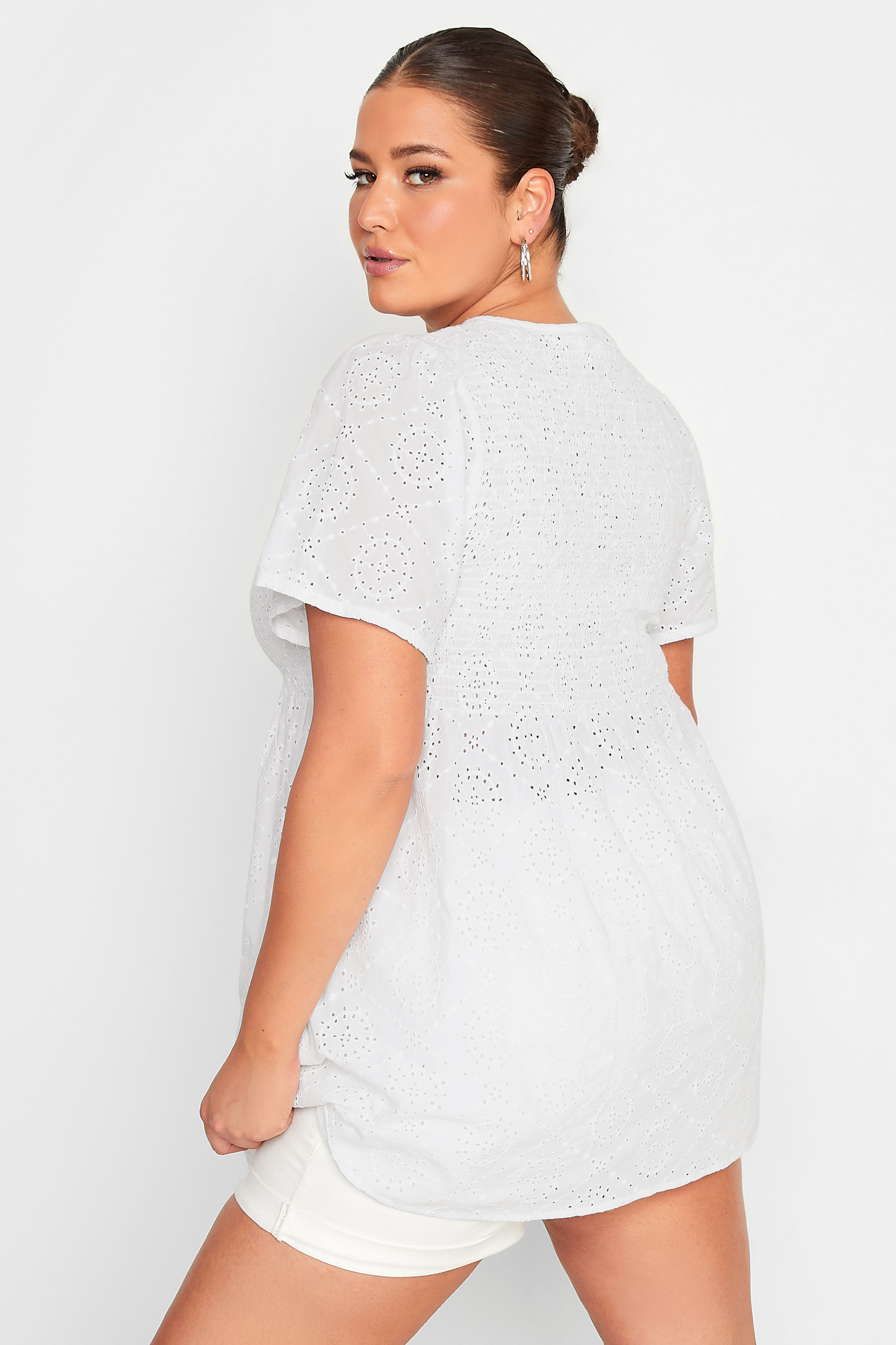 YOURS Plus Size White Broderie Anglaise Shirred Top | Yours Clothing 3