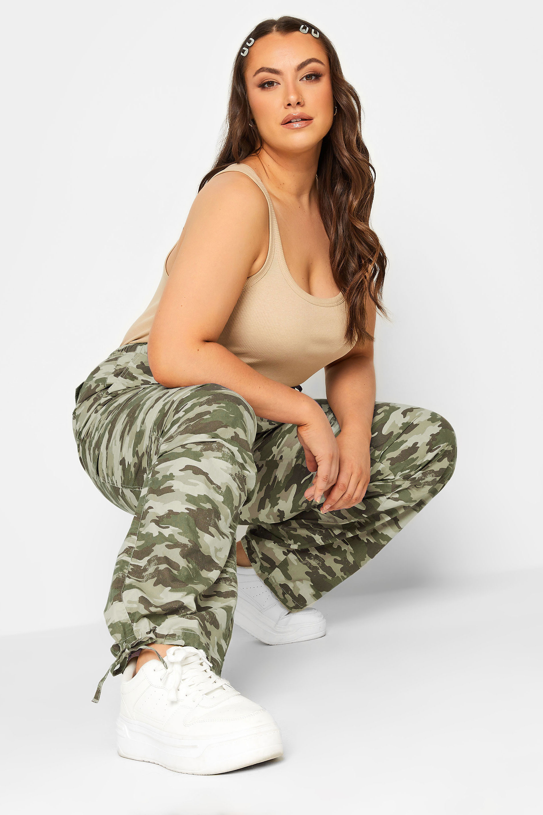YOURS Curve Plus Size Dark Green Cuffed Cargo Parachute Trousers