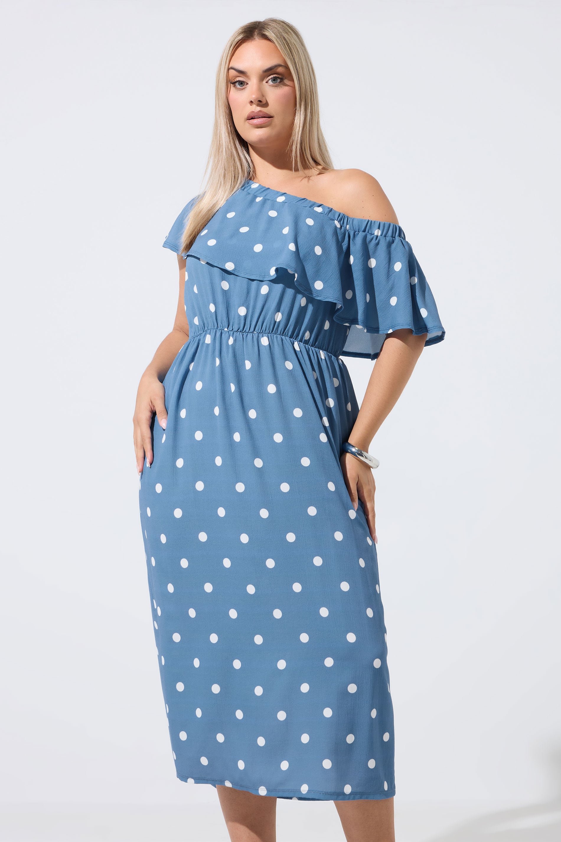 LIMITED COLLECTION Plus Size Blue Polka Dot Frill Dress | Yours Clothing 1