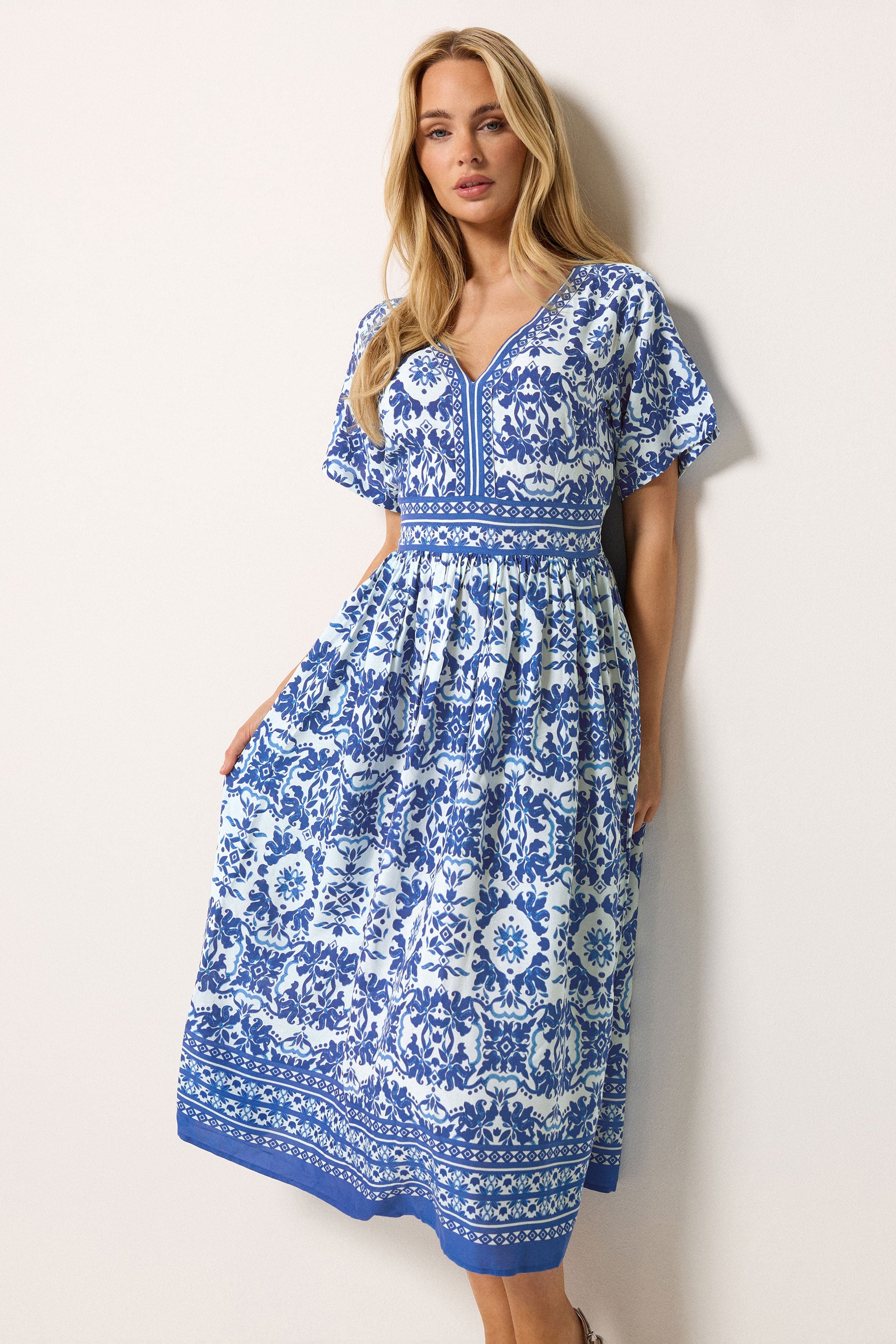 M&Co Blue & White Tile Print Midi Dress | M&Co 3