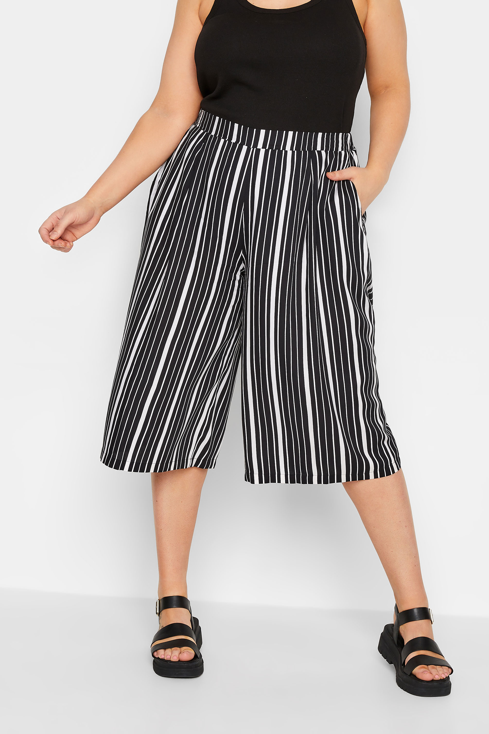 YOURS Curve Black Stripe Print Culottes | Yours Clothing 1