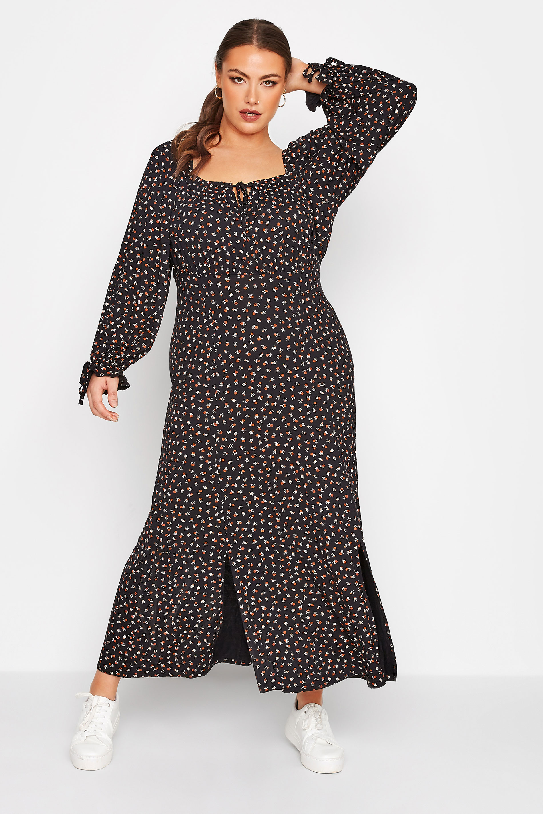 LIMITED COLLECTION Curve Black Ditsy Print Milkmaid Maxi Dress 1