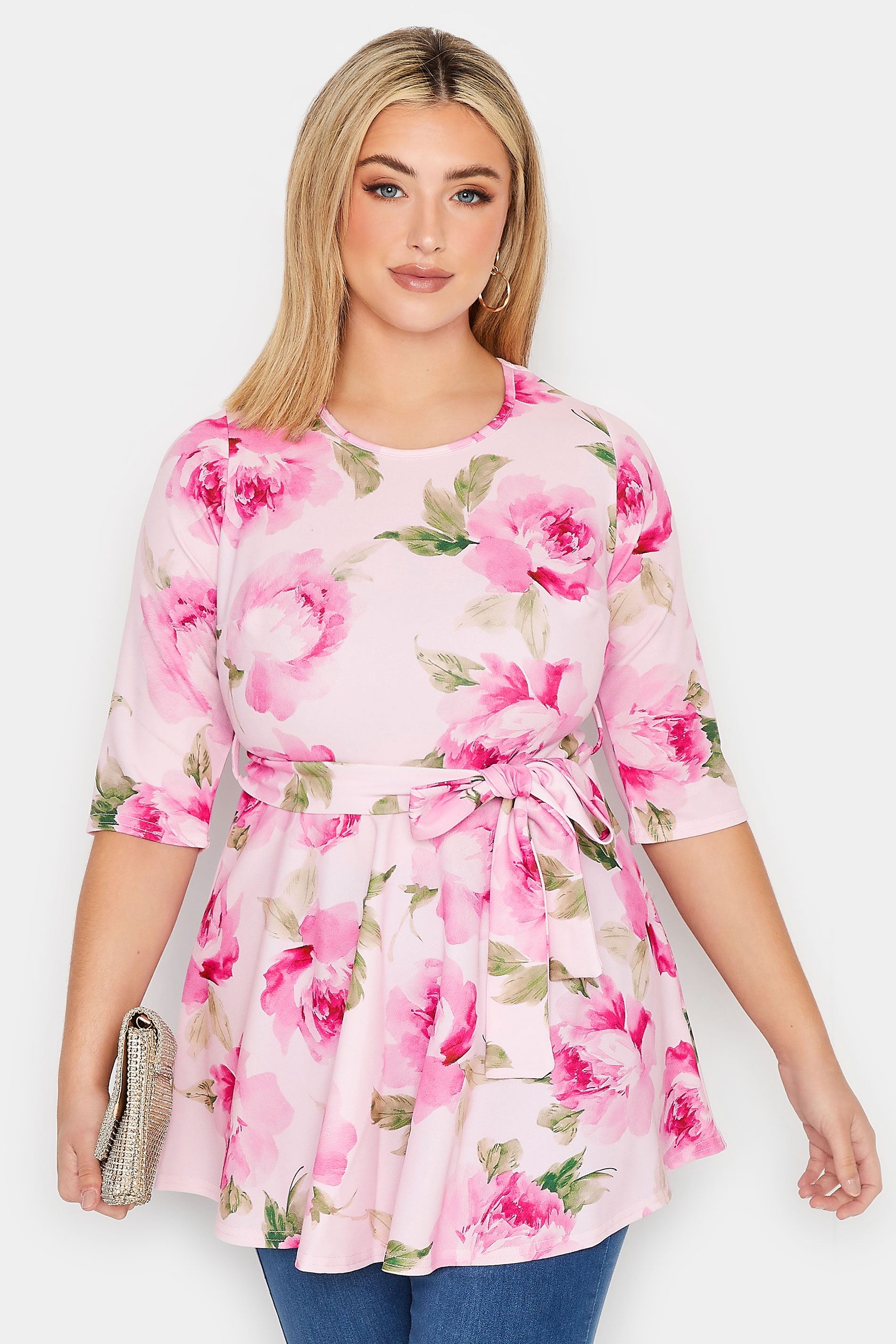 YOURS LONDON Plus Size Pink Floral Scoop Neck Peplum Top | Yours Clothing 1
