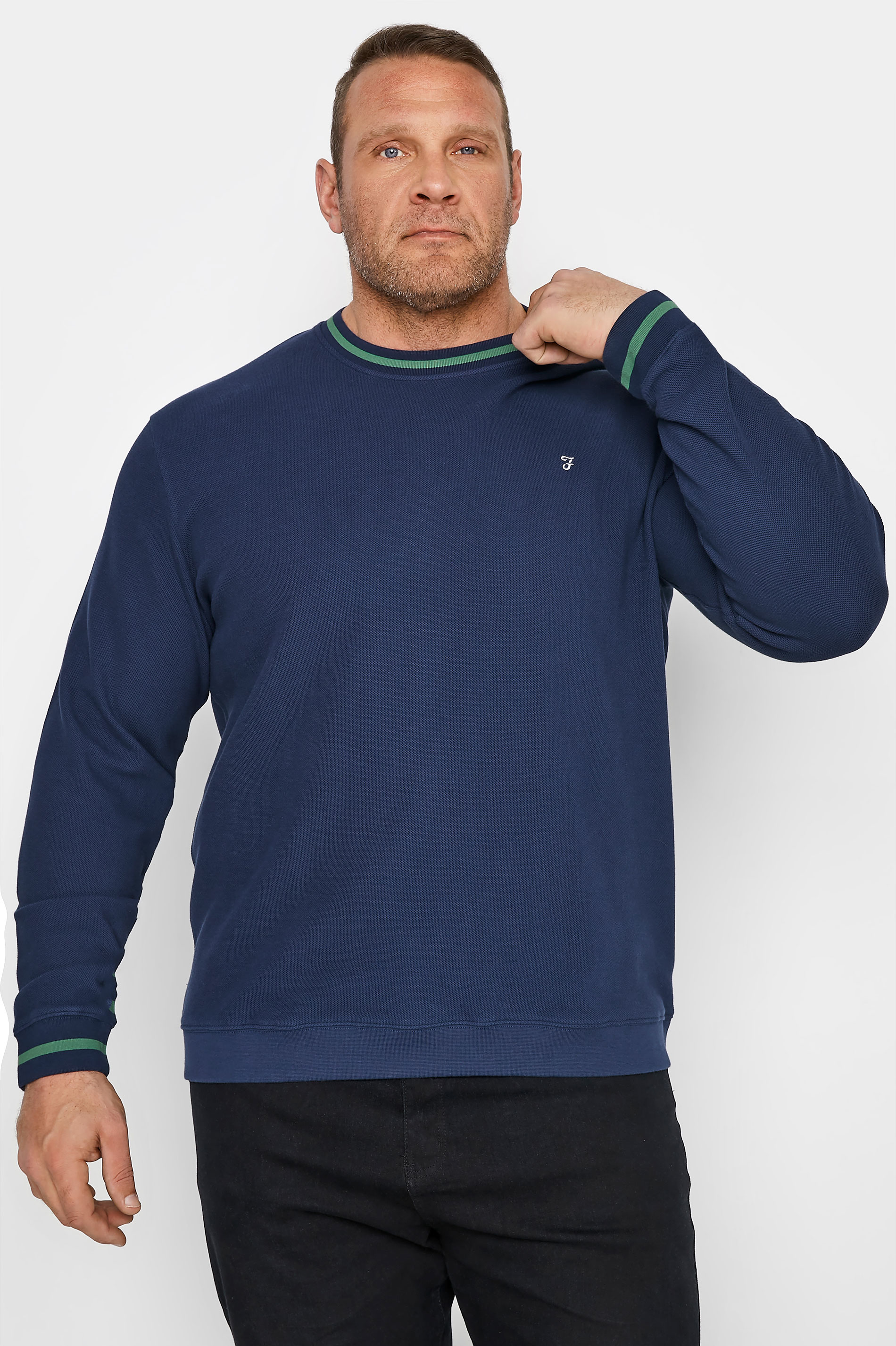 FARAH Big & Tall Navy Blue Tipped Crewneck Sweatshirt 1
