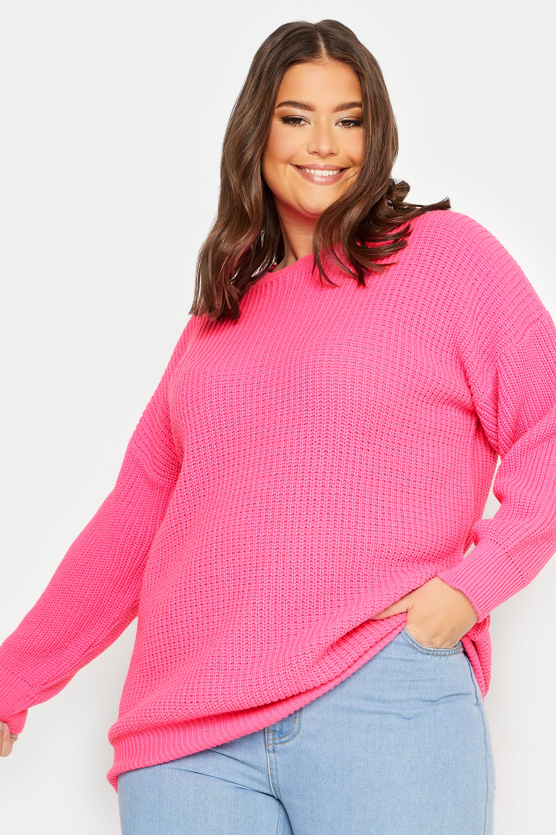 YOURS Plus Size Neon Pink Knitted Jumper | Yours Clothing 1