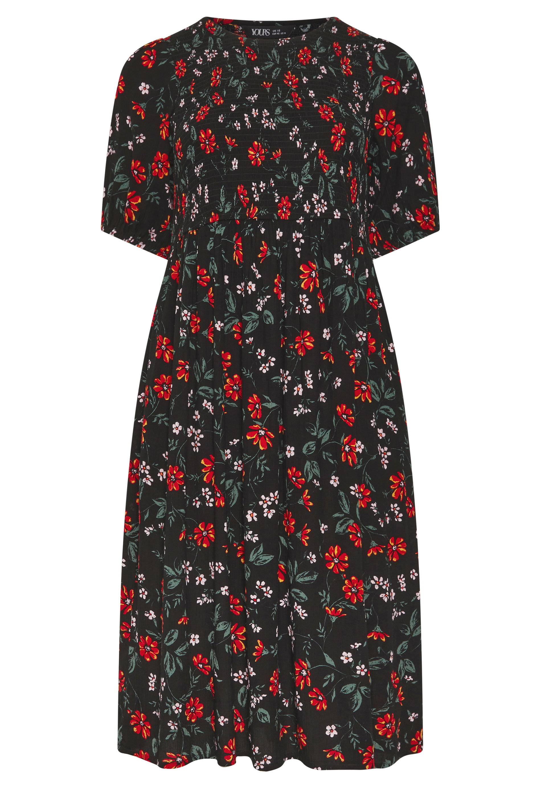 YOURS Plus Size Black Floral Puff Sleeve Shirred Dress  | Yours Clothing 5