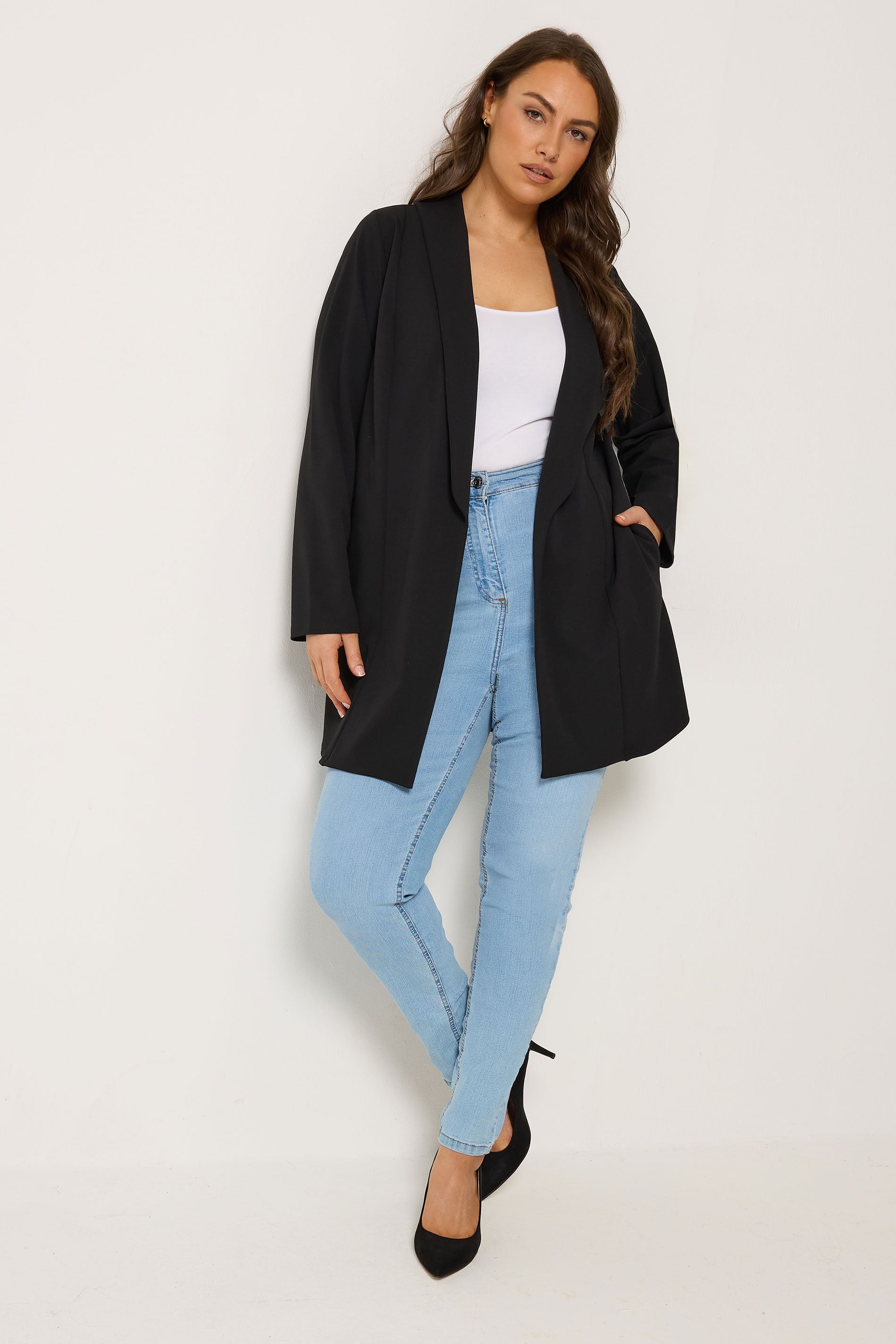 YOURS Plus Size Black Shawl Collar Scuba Blazer | Yours Clothing 1